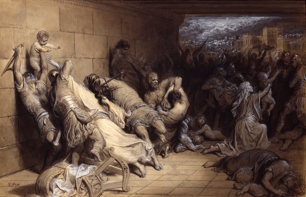 O Massacre dos Inocentes, c.1870 (caneta e tinta com lavagem aumentada com branco sobre papel) de Gustave Dore