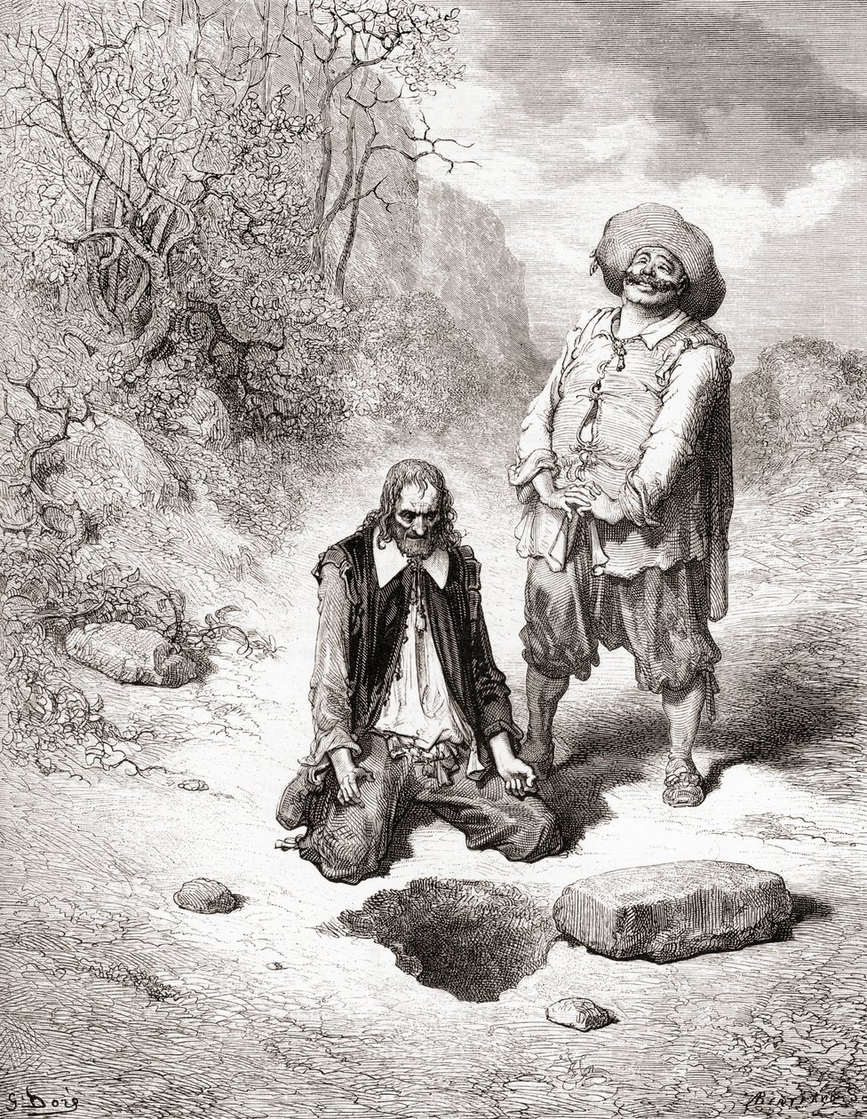 O Miser que perdeu seu tesouro, de uma edição do final do século XIX de Fables de La Fontaine (gravura em madeira) de Gustave Dore