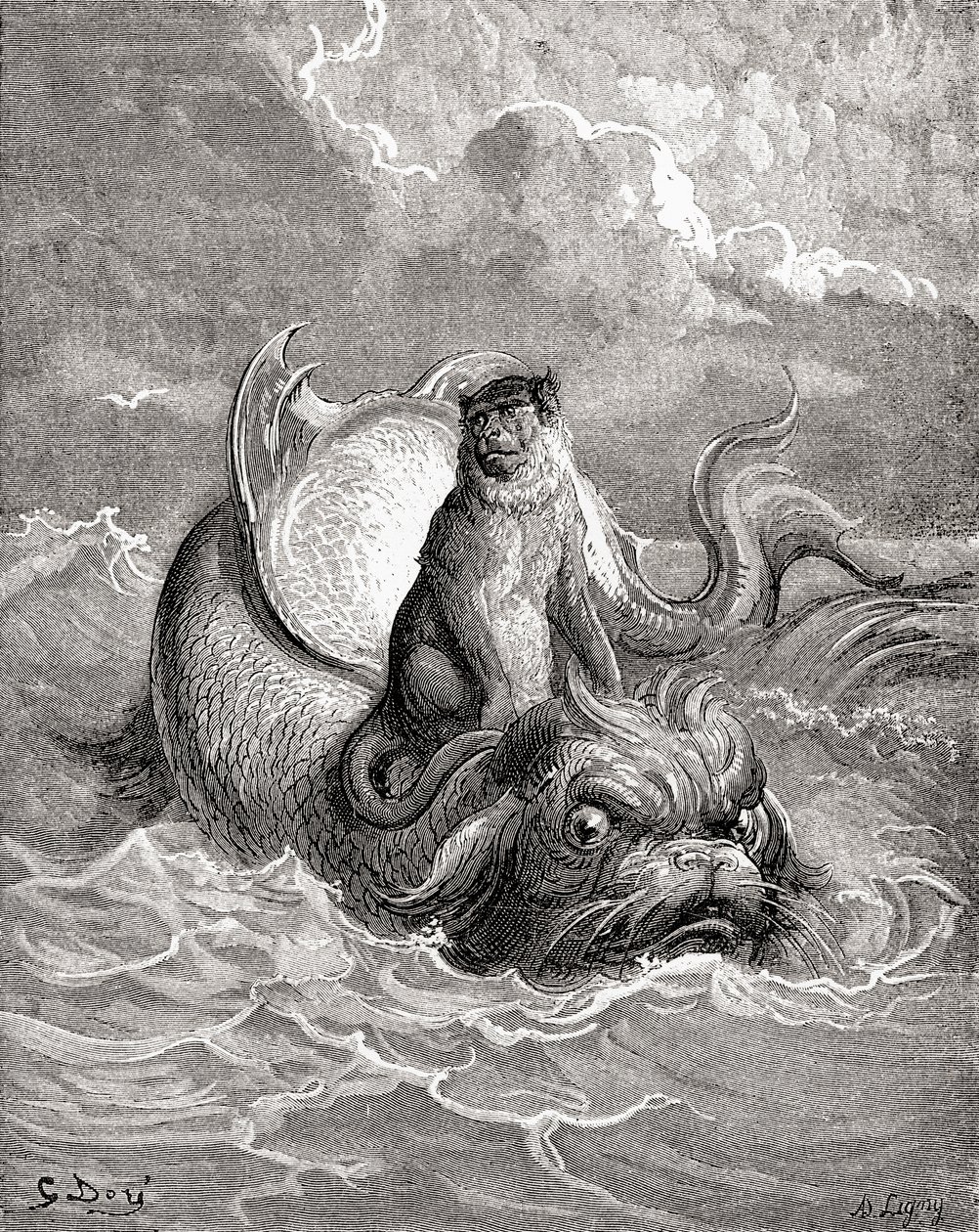 O Macaco e o Golfinho segundo uma obra de Gustave Dore para uma fábula de La Fontaine. De Life and Reminiscences of Gustave Dore, publicado em 1885. de Gustave Dore