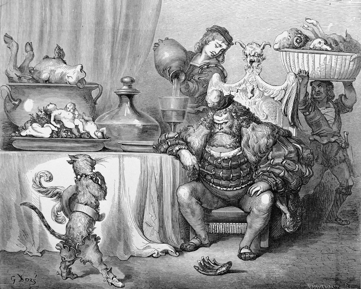 O Ogre recebe o gato, ilustração para &39;Gato de Botas&39; por Charles Perrault (1628-1703) 1883 de Gustave Dore