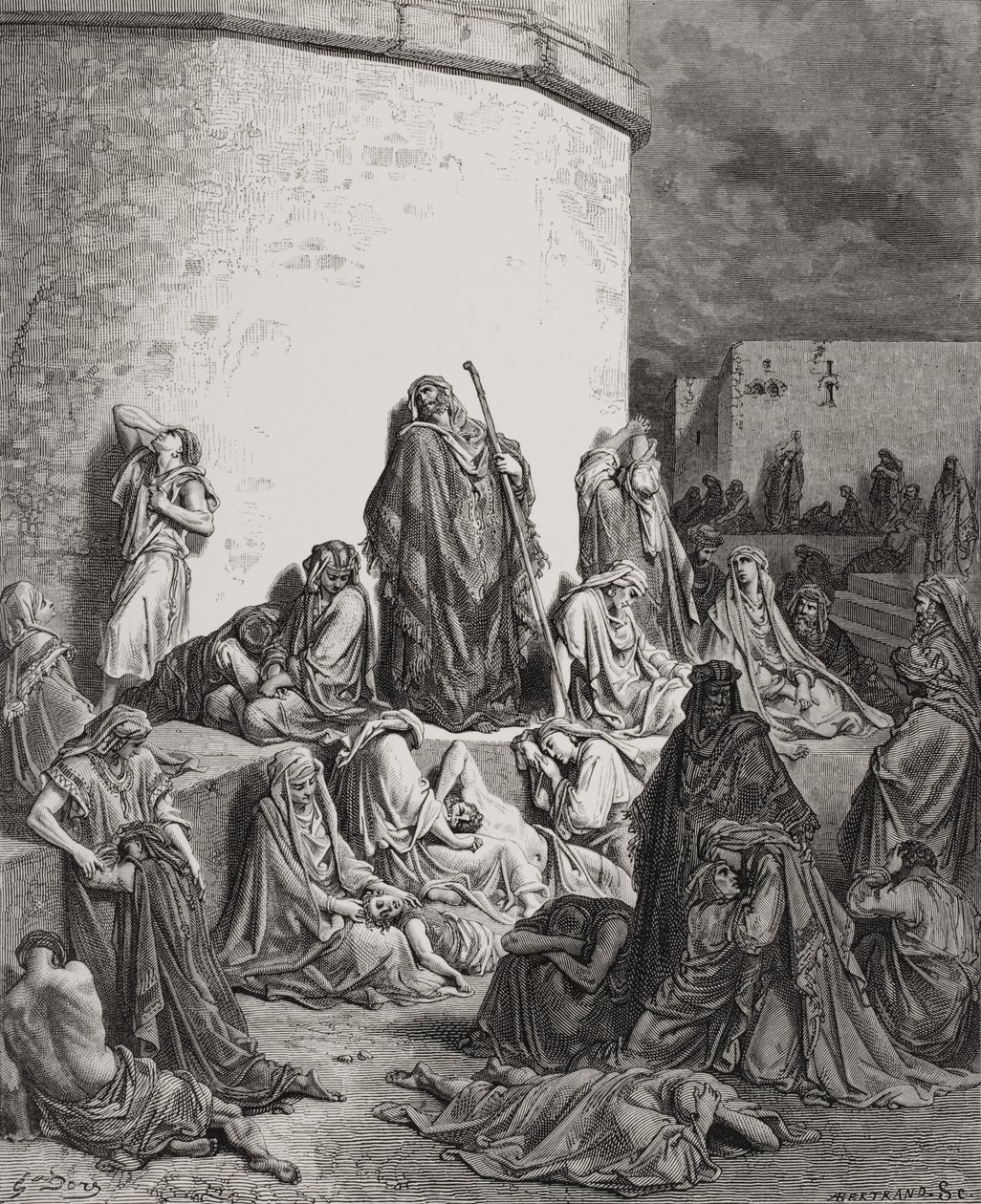 O povo que está de luto pelas ruínas de Jerusalém, Lamentações 1: 1-2 ilustração da "Bíblia Sagrada" de Dore, gravada por A. Bertrand 1866 de Gustave Dore