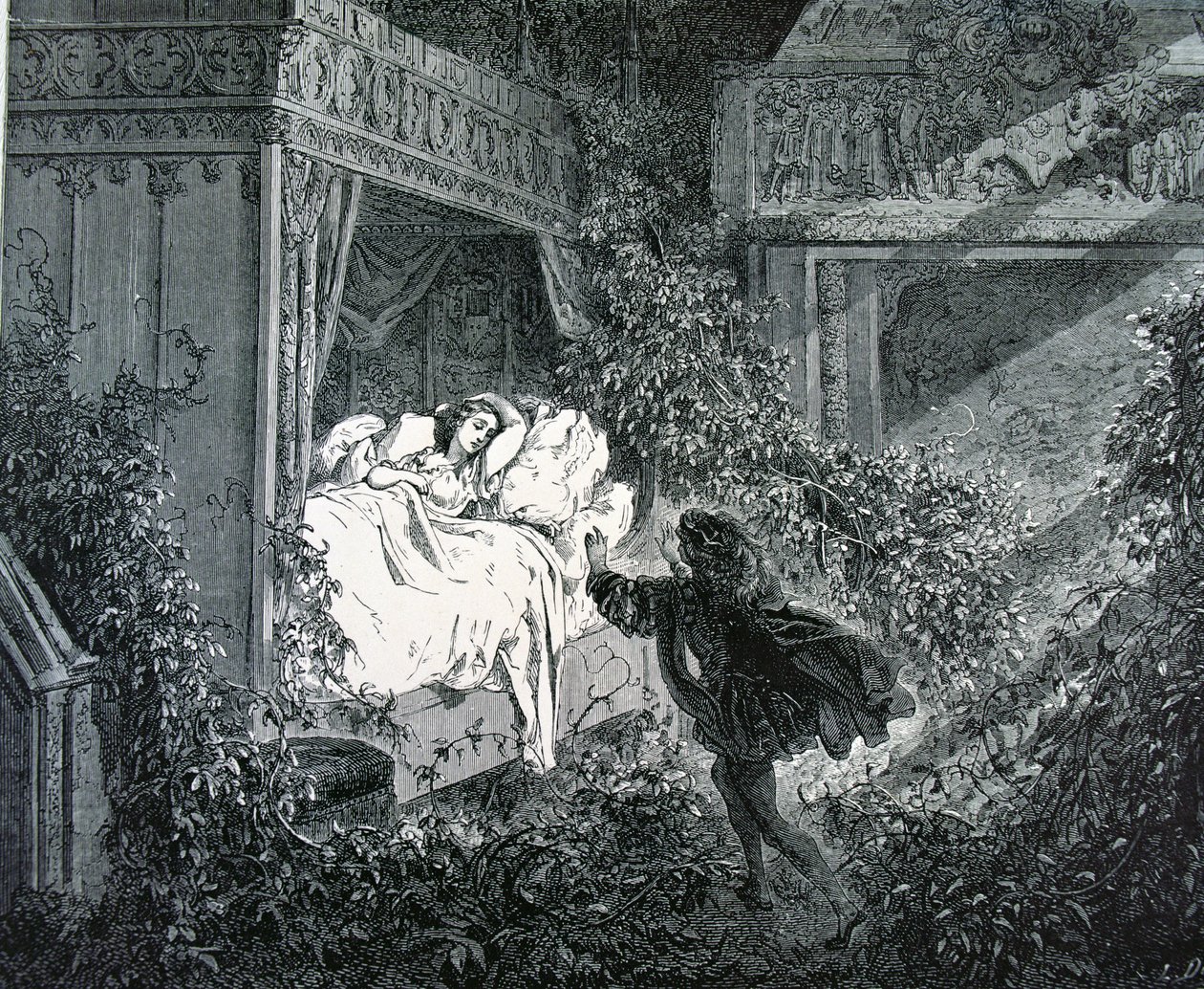 O príncipe entrando no quarto da princesa no castelo encantado, ilustração de "A bela adormecida" de Charles Perrault (1628-1703) de Gustave Dore