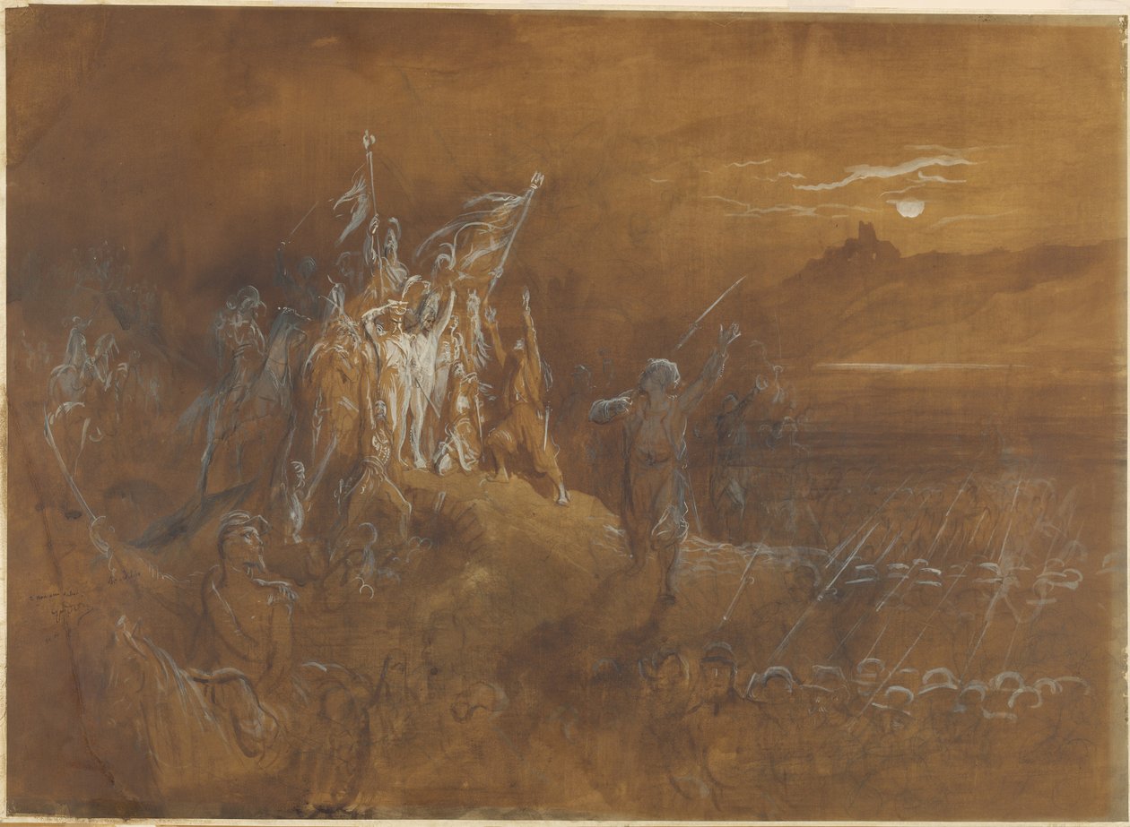As sombras dos soldados franceses do passado exortam o exército à vitória no Reno de Gustave Dore