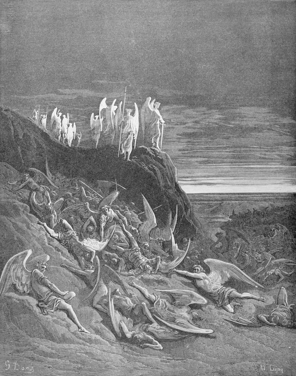 A Guerra no Céu, do Livro VI de &39;Paraíso Perdido&39;, de John Milton (1608-74), gravado por A. Ligny, c.1868 de Gustave Dore