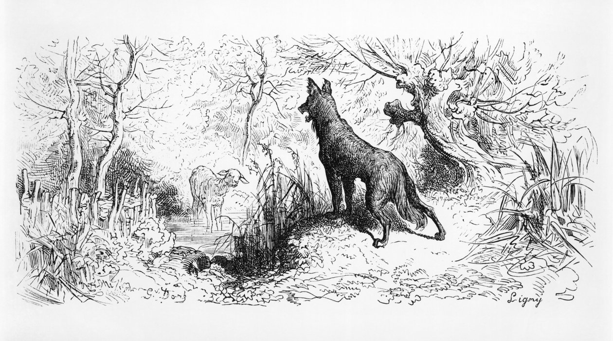 &39;O Lobo e o Cordeiro&39;, ilustração de &39;fábulas&39; de Jean de La Fontaine (1621-95) 1868 de Gustave Dore