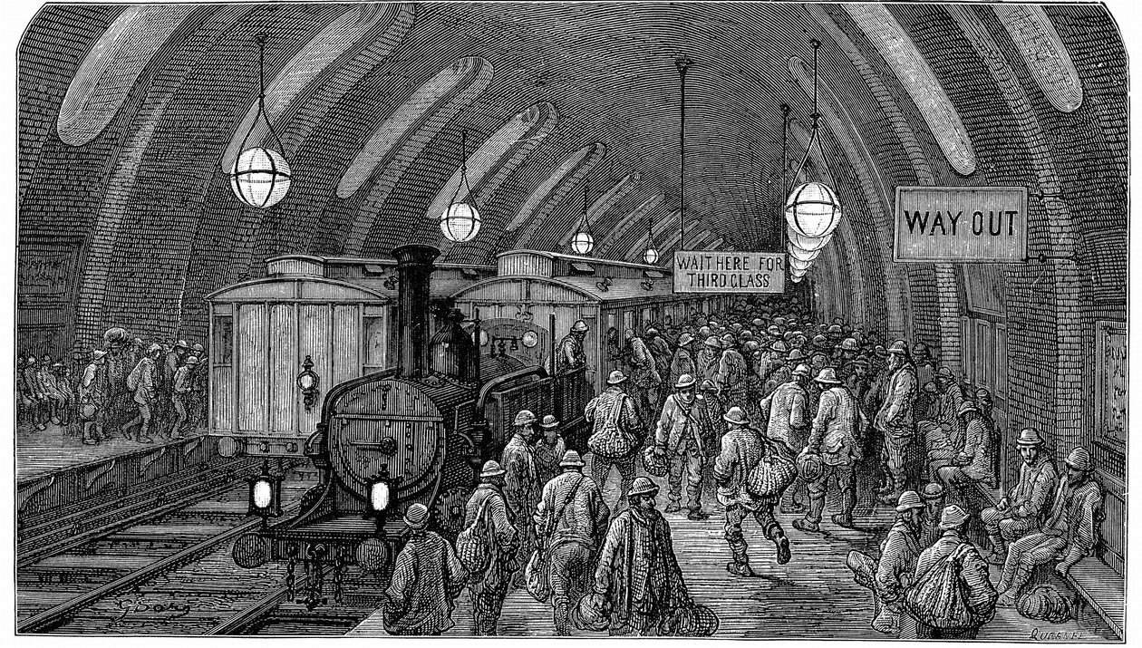 "O comboio dos trabalhadores". De Gustave Dore e Blanchard Jerrold London: A Pilgrimage London 1872. Esta imagem mostra comboios a vapor na estação de Gower Street, no metropolitano, inaugurado em 1863. Os trabalhadores apressam-se a apanhar o seu comboio  de Gustave Dore