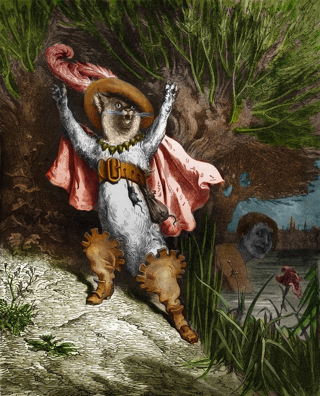 O gato do porta-bagagens pede ajuda. Gravura de Gustave Dore (1832-1883) de "The Tales" de Charles Perrault (1628-1703) de Gustave Dore