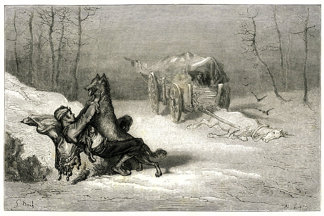 O bandido Agostin é atacado por um lobo, perto do cavalo morto ainda alcançado na carroça abandona os comediantes, ou esconde a pequena Chiquita. Gravura de Gustave Dore ilustrando o romance de Theophile Gautier "Le capitaine Fracasse", edição Charpentier  de Gustave Dore