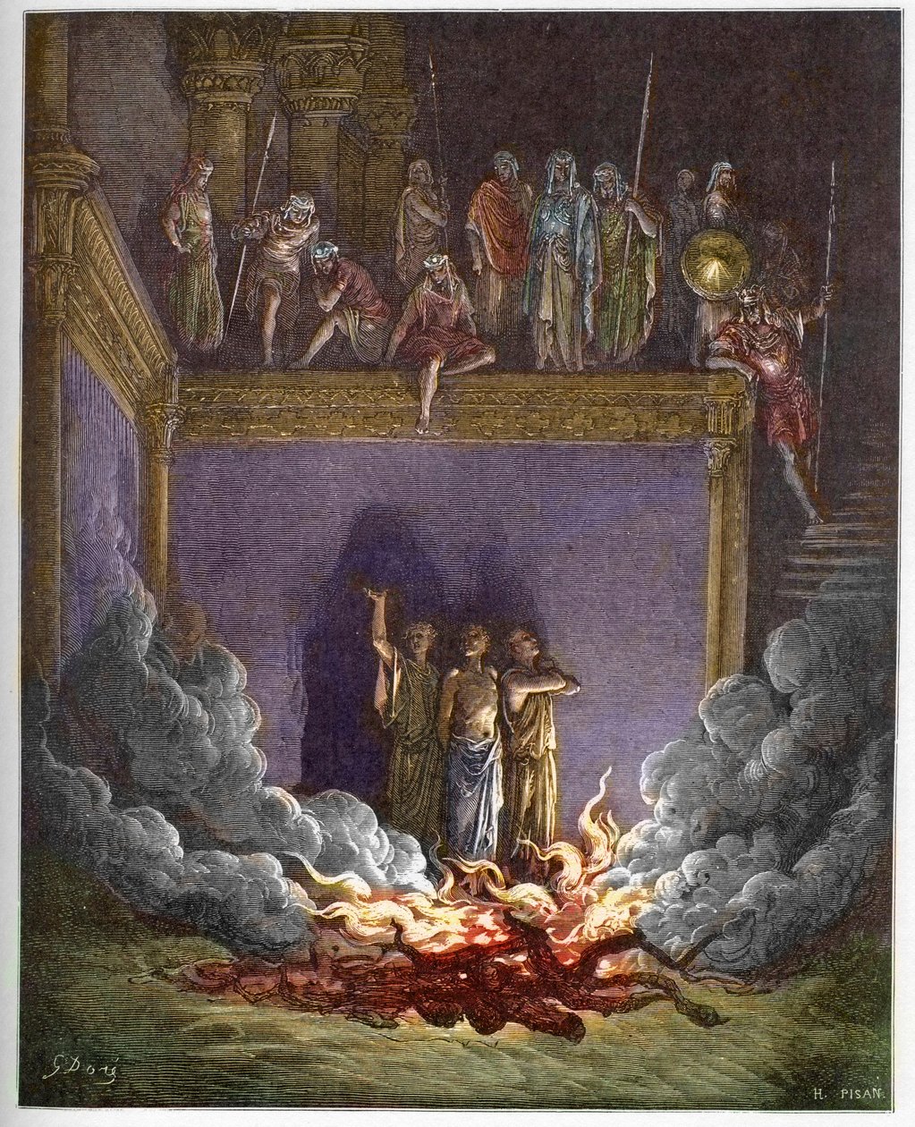 A fornalha ardente (os três filhos da Babilónia, os três jovens hebreus ou os três jovens) Ananias, Azarias e Misael precipitam-se numa fornalha ardente porque se recusam a curvar-se diante da estátua do rei da Babilónia - Os Três Jovens na Fornalha de Gustave Dore