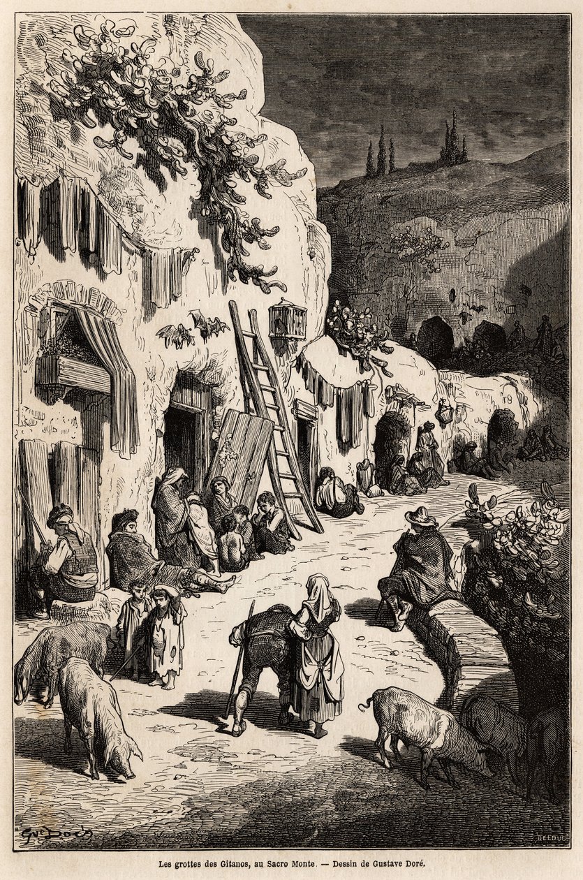 As grutas (casas subterrâneas) dos ciganos, em Sacro Monte, em Granada. Desenho de Gustave Dore (1832-1883), para ilustrar a sua viagem à Espanha em 1862, acompanhado por Ch.Davillier. Gravura em "Le tour du monde", editado por Edouard Charton de Gustave Dore