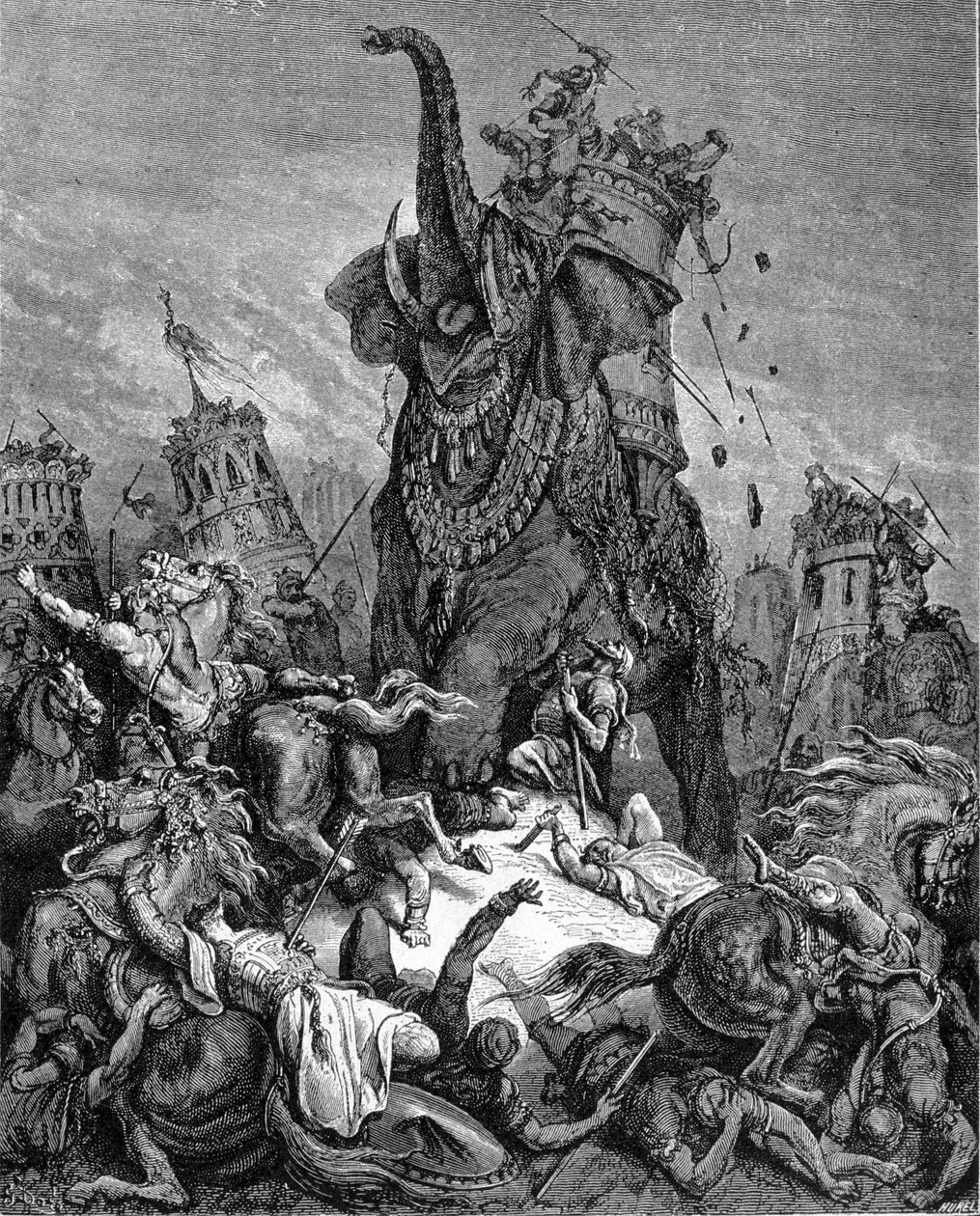 A morte de Eleazar Macchabee (Maccabee ou Macabee), jovem irmão de Judas Maccabee, sob o governo de Antiochos IV Epifane (175-164 AC). Ele é esmagado por um elefante. "A Bíblia" ilustrada por Gustave Dore. Gravura do século XIX. de Gustave Dore