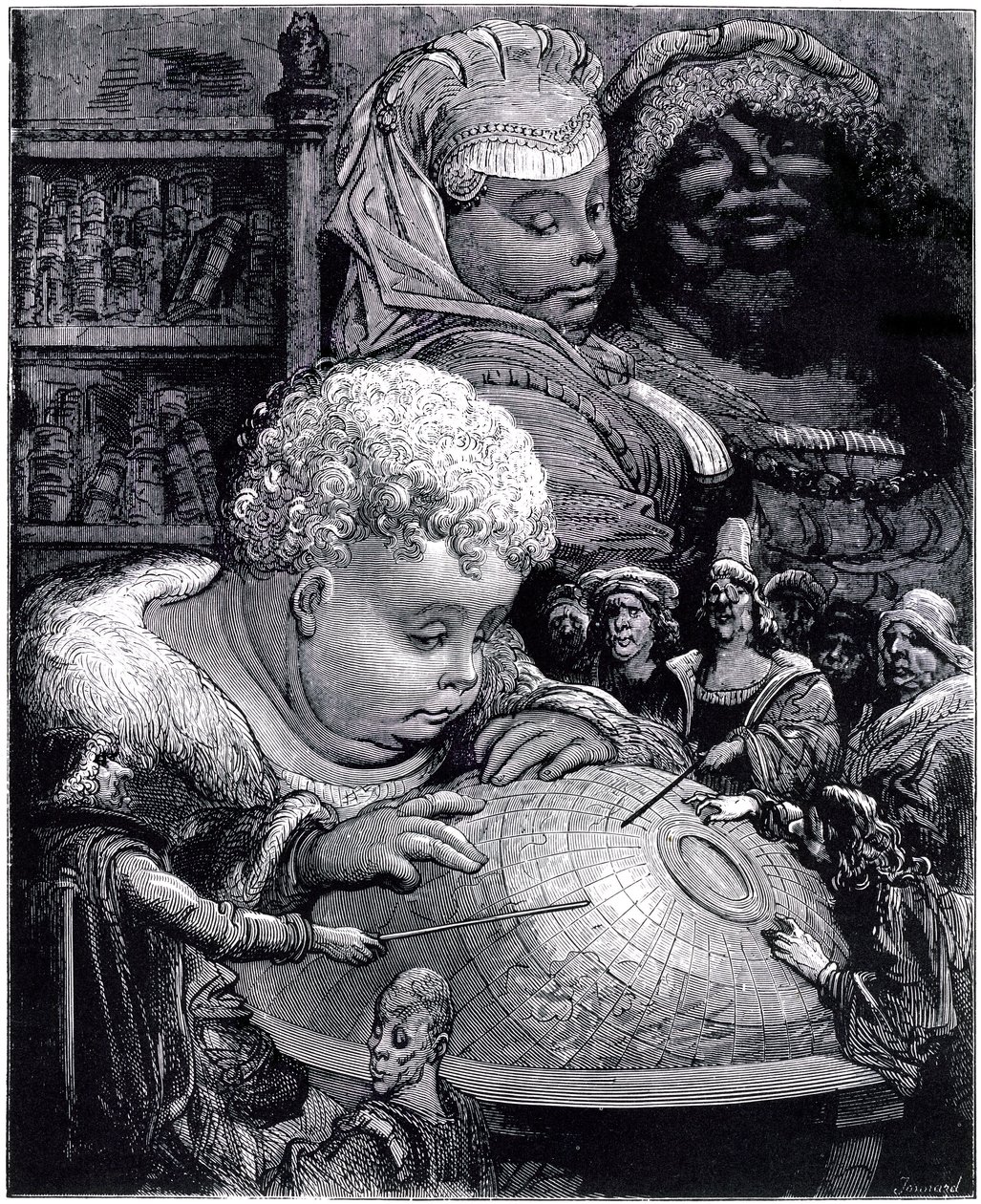 A educação de Gargantua: a criança gigante estuda um globo com seus professores, sob os olhos de seus pais de Gustave Dore