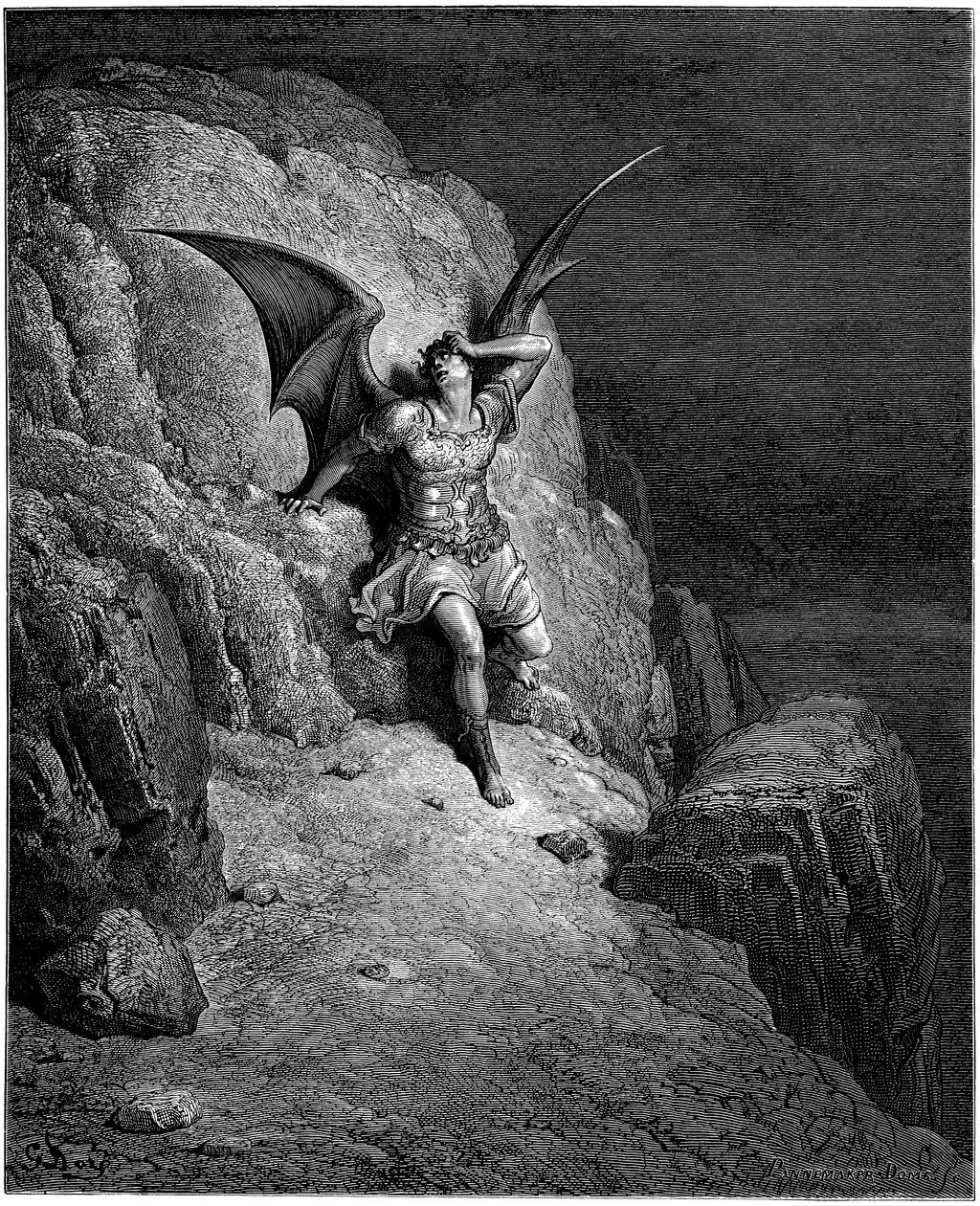 A queda do anjo Lúcifer (Satanás, anjo dechu, caiu do céu para a Terra). Ilustração de Gustave Dore para "Paraíso Perdido" de John Milton (1608-1674). Gravura de 1866. Coleção particular de Gustave Dore