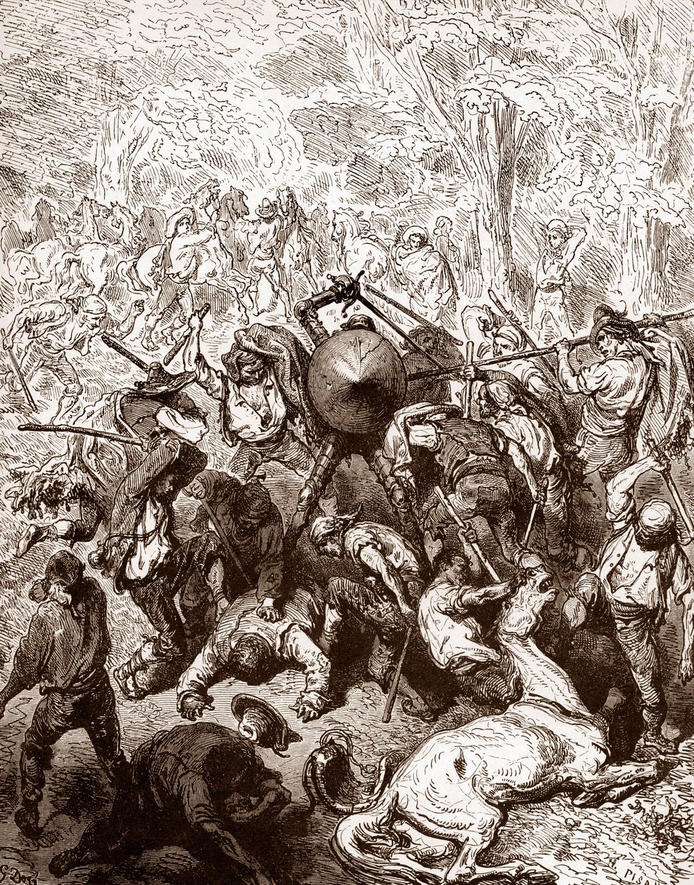 A luta volta a ser travada com os muletários de Yanguas Engraving de Gustave Dore (1832-1883) por "The Ingenieux Hidalgo Don Quixotte de la Manche (Quixotte - Quijote)" de Miguel de Cervantes (1547-1616) 1863 Colecção privada de Gustave Dore