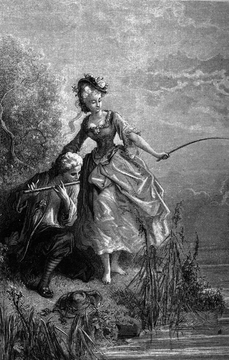 O peixe e o pastor a tocar flauta. O som da flauta serve de isco. Fábulas de Jean de La Fontaine (1621-1695). Ilustração de Gustave Dore. de Gustave Dore