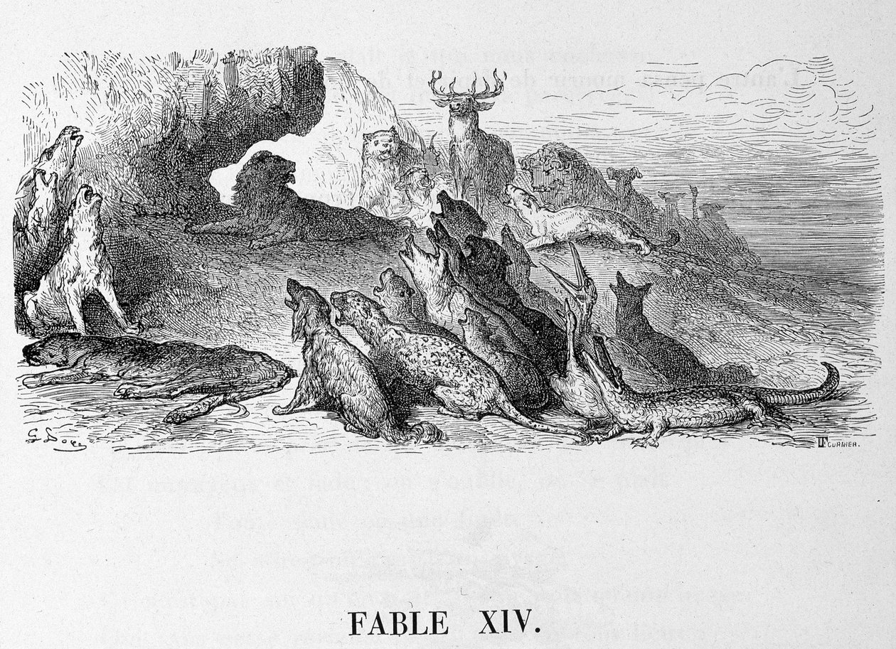 O funeral da leoa - em "Fábulas" de La Fontaine, doente. por Doré de Gustave Dore