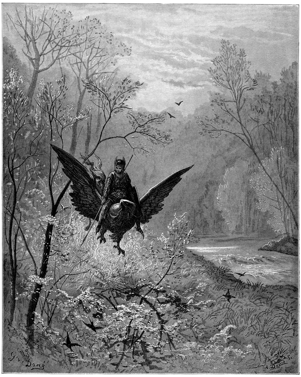 O hipogrifo, escalado pelo cavaleiro Ruggiero (Roger, Ruggero), chega a uma região risonha - Gravura de Gustave Dore ilustrando "O furioso Roland" de Ludovico Ariosto (1474-1533) dit l