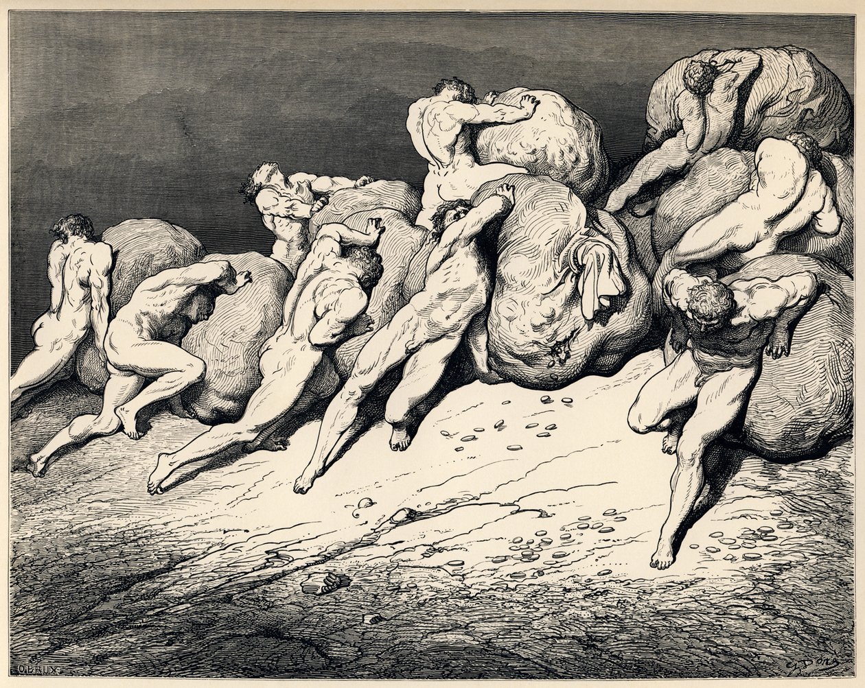 Os acumuladores e desperdiçadores. Ilustração da Divina Comédia de Dante Alighieri, 1857 de Gustave Dore