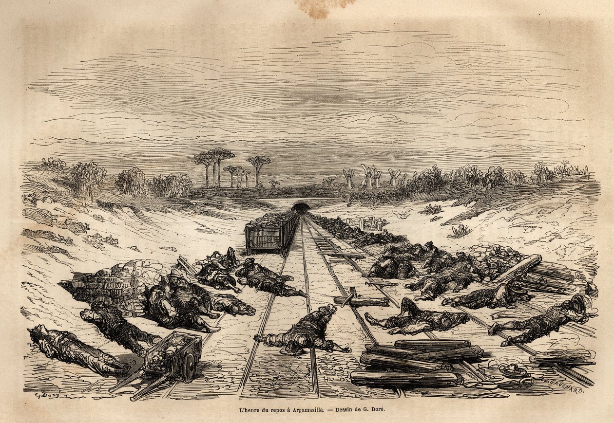 A hora de descanso em Argamasilla, os muitos trabalhadores ferroviários deitados nos trilhos, descansam a pleno sol. Gravura para ilustrar a viagem à Espanha de Gustave Dore (1832-1883), ilustrador e barão Ch. Davillier, em 1862, publicada em "Le tour du m de Gustave Dore
