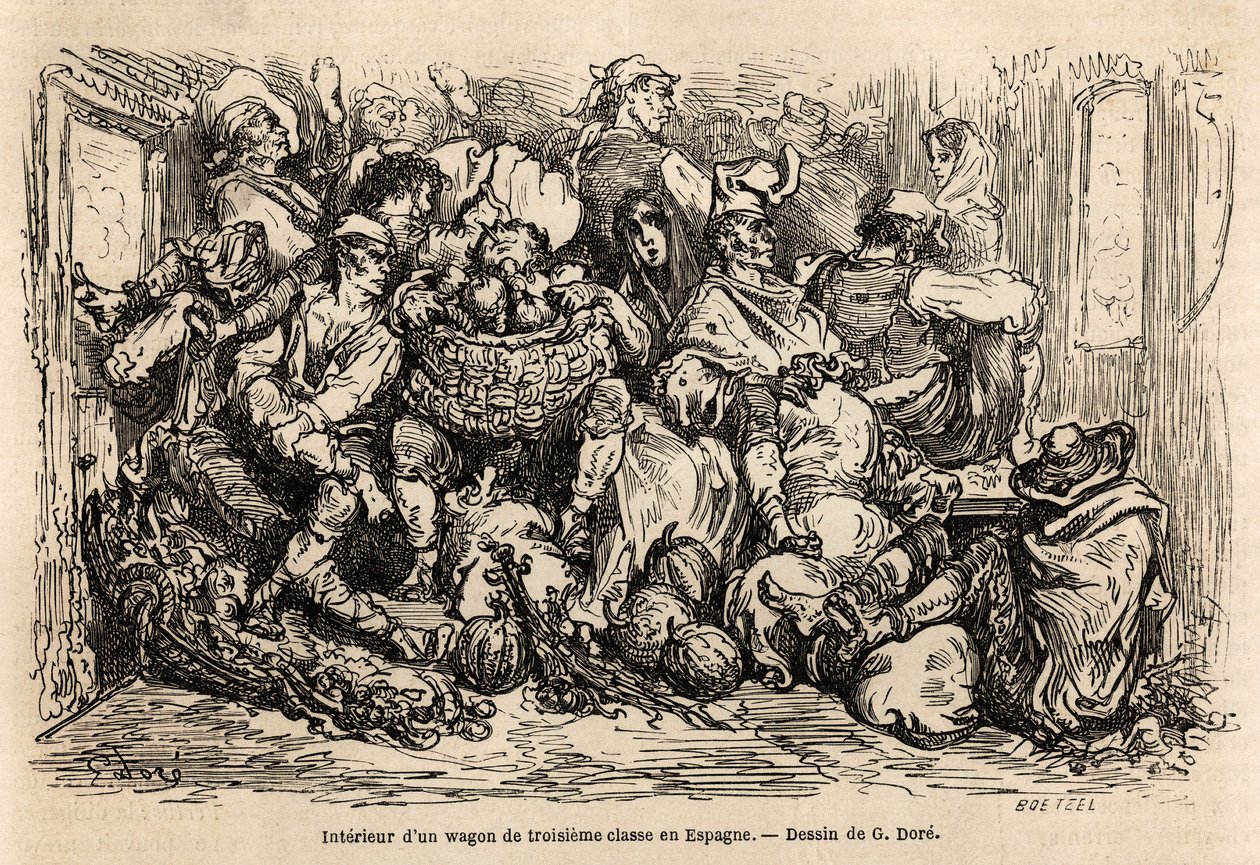 O interior de um vagão de terceira classe na Espanha, desenho de Gustave Dore (1832-1883), para ilustrar sua viagem à Espanha, com C. Davillier, em 1862. Gravura em "Le tour du monde", editado por Edouard Charton de Gustave Dore