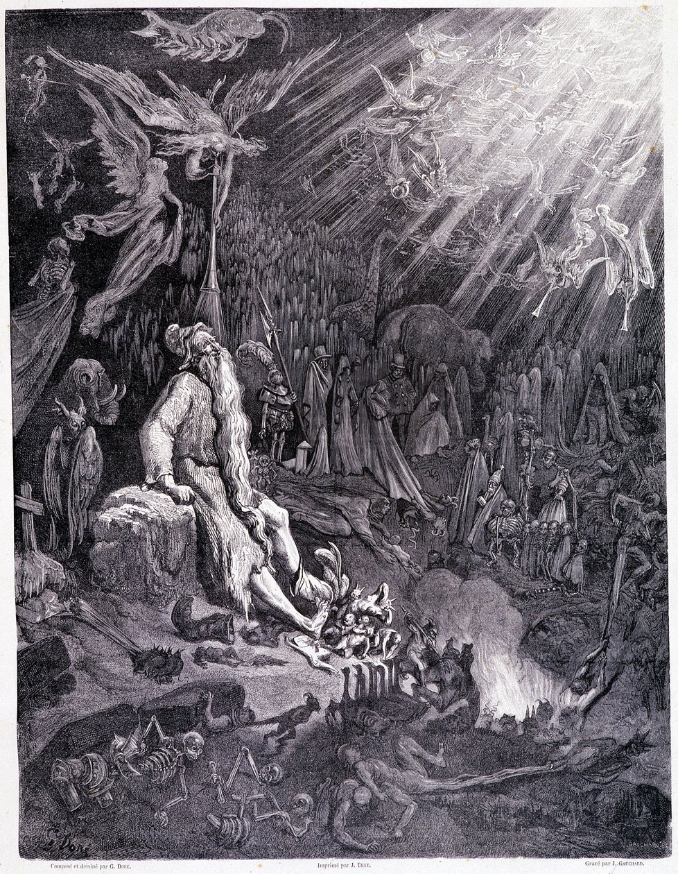 O último julgamento vai acabar com o teu tormento... Placa XII - Ilustração de Gustave Dore (1832-1883), para La legende du jeif vagueando por Pierre Dupont, edição Librairie du magasin pitoresco, Paris 1862 de Gustave Dore