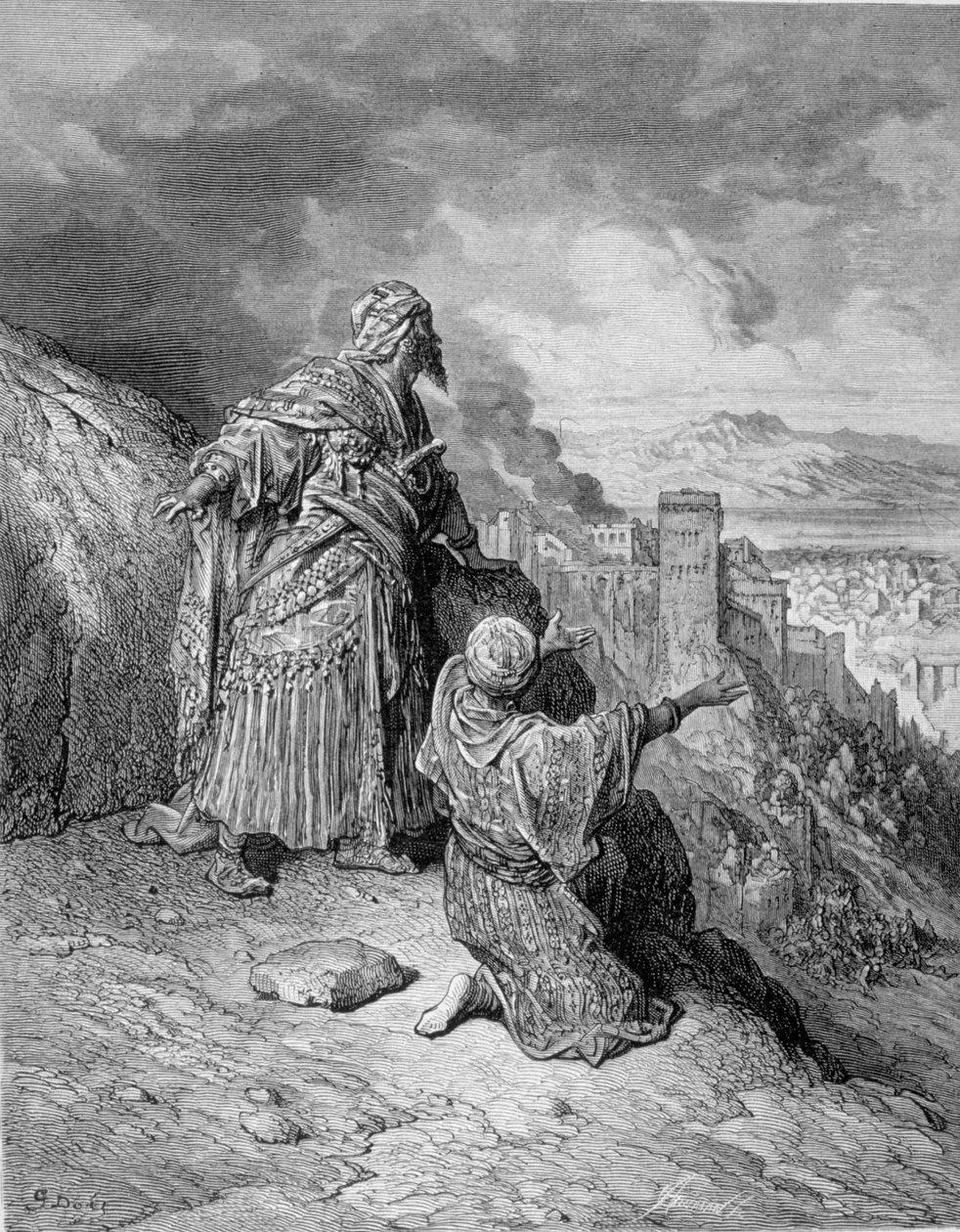 O último dos reis árabes abandonou Granada após o seu cerco pelos católicos em 1492. Gravura de Gustave Doré de Gustave Dore