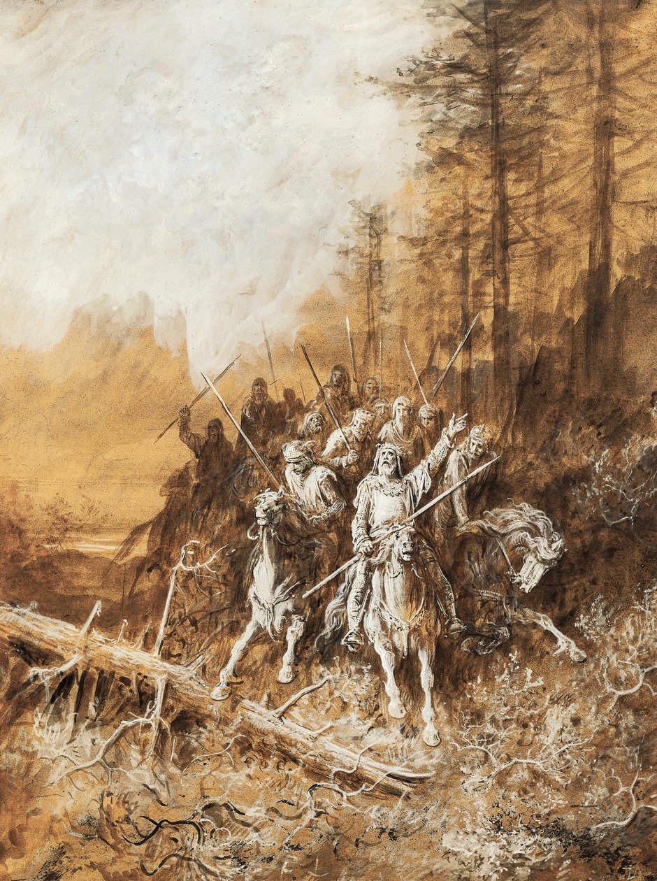 A marcha dos cavaleiros, ilustração para séries de poemas, Idylls of King de Albert Tennyson (1809-1892), aguarela de Gustave Dore