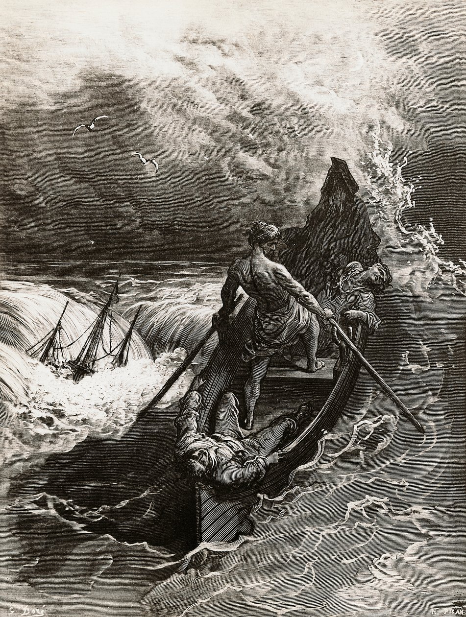 O marinheiro, do Rime of the Ancient Mariner, poema de Samuel Taylor Coleridge (1772-1834), ilustração de Gustave Dore