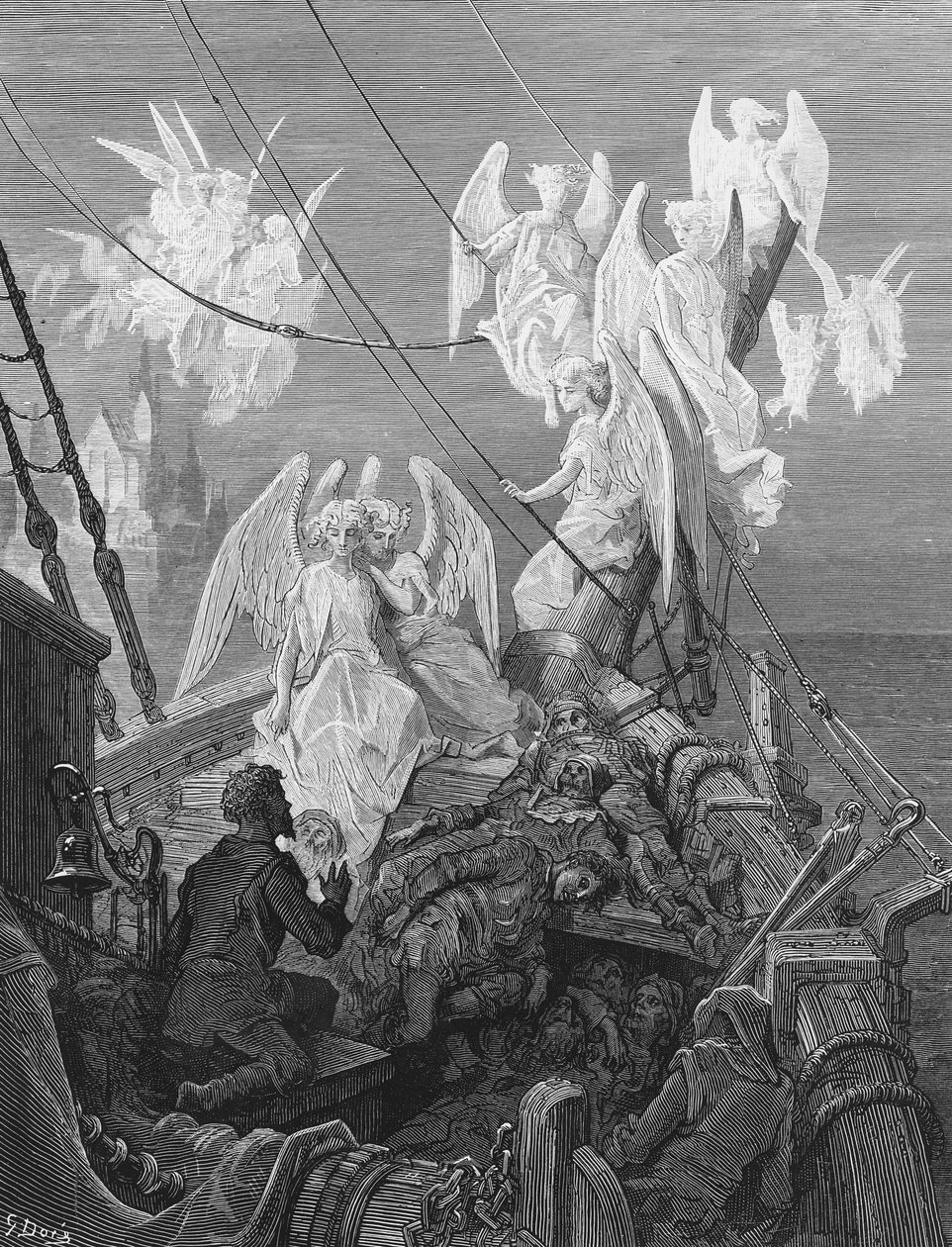 O marinheiro vê o bando de espíritos angélicos, cena de "O tempo do velho marinheiro" de ST Coleridge, publicado por Harper und Brothers, Nova York, 1876 (gravura em madeira) de Gustave Dore
