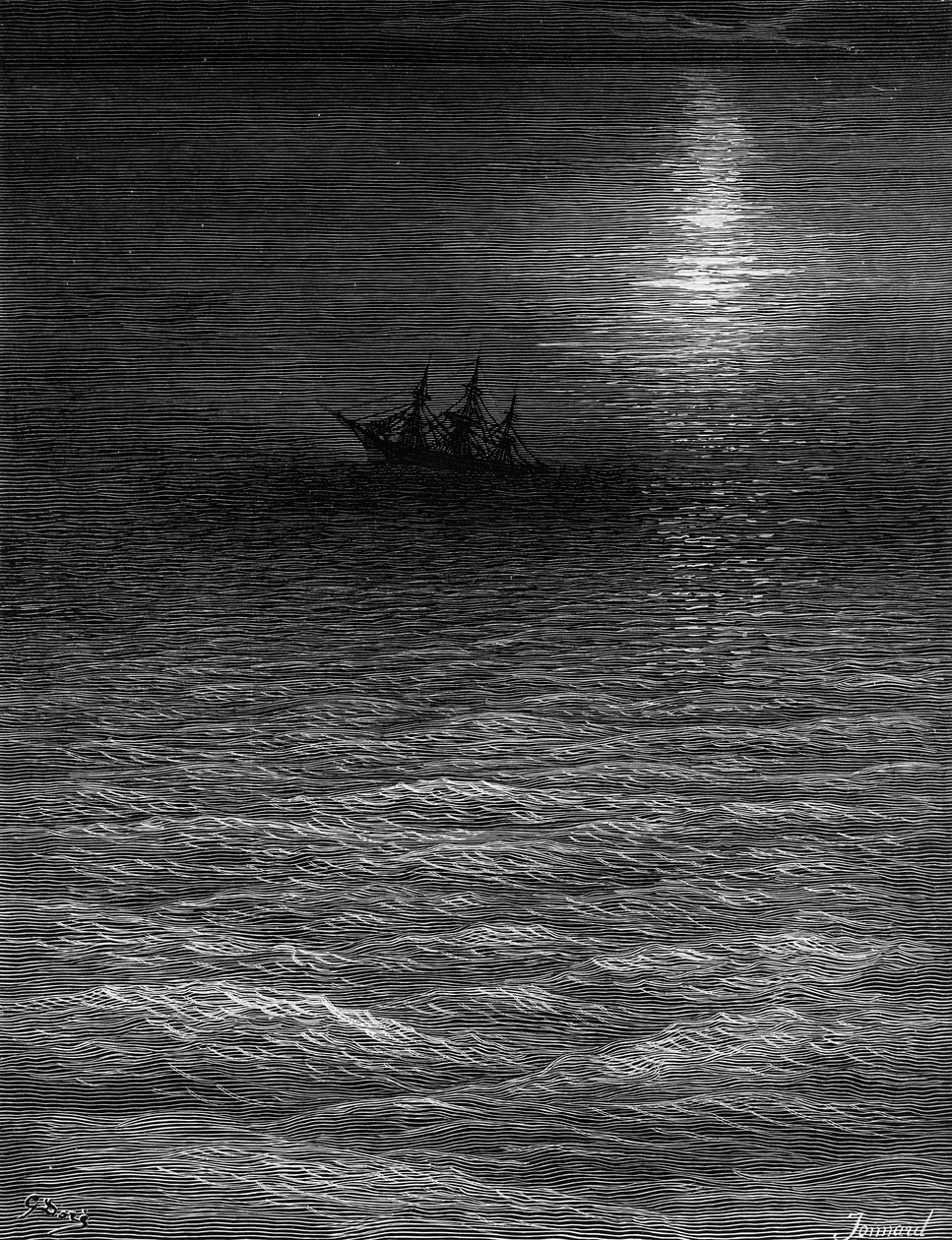 O navio abandonado em um mar ao luar, cena de "O Rime do Marinheiro antigo" por ST Coleridge, publicado pela Harper und Brothers, Nova York, 1876 (gravura em madeira) de Gustave Dore