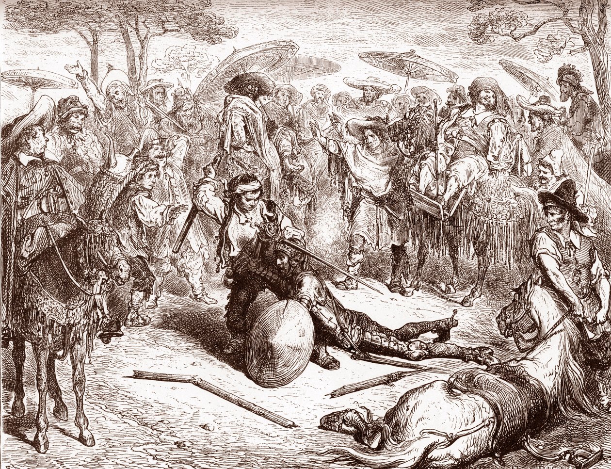 Os mercadores de Toledo vêem como um dos seus condutores de mula ganha a Don Quixote Engraving de Gustave Dore (1832-1883) para "The Ingenieux Hidalgo Don Quixote Quixote" de Miguel de Cervantes (1547-1616)) 1863 Colecção privada de Gustave Dore