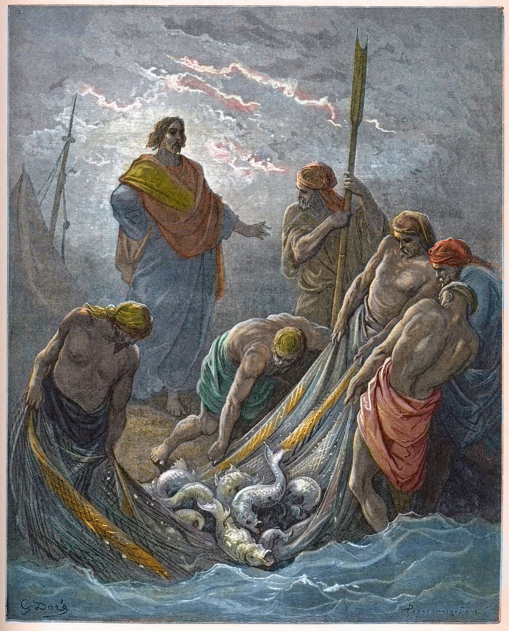 O calado milagroso dos peixes - Pesca milagrosa - - Gravura em "A ilustração bíblica" de Gustave Dore (1832-1883) - Gravura em "A Bíblia Dore de Gustave Dore