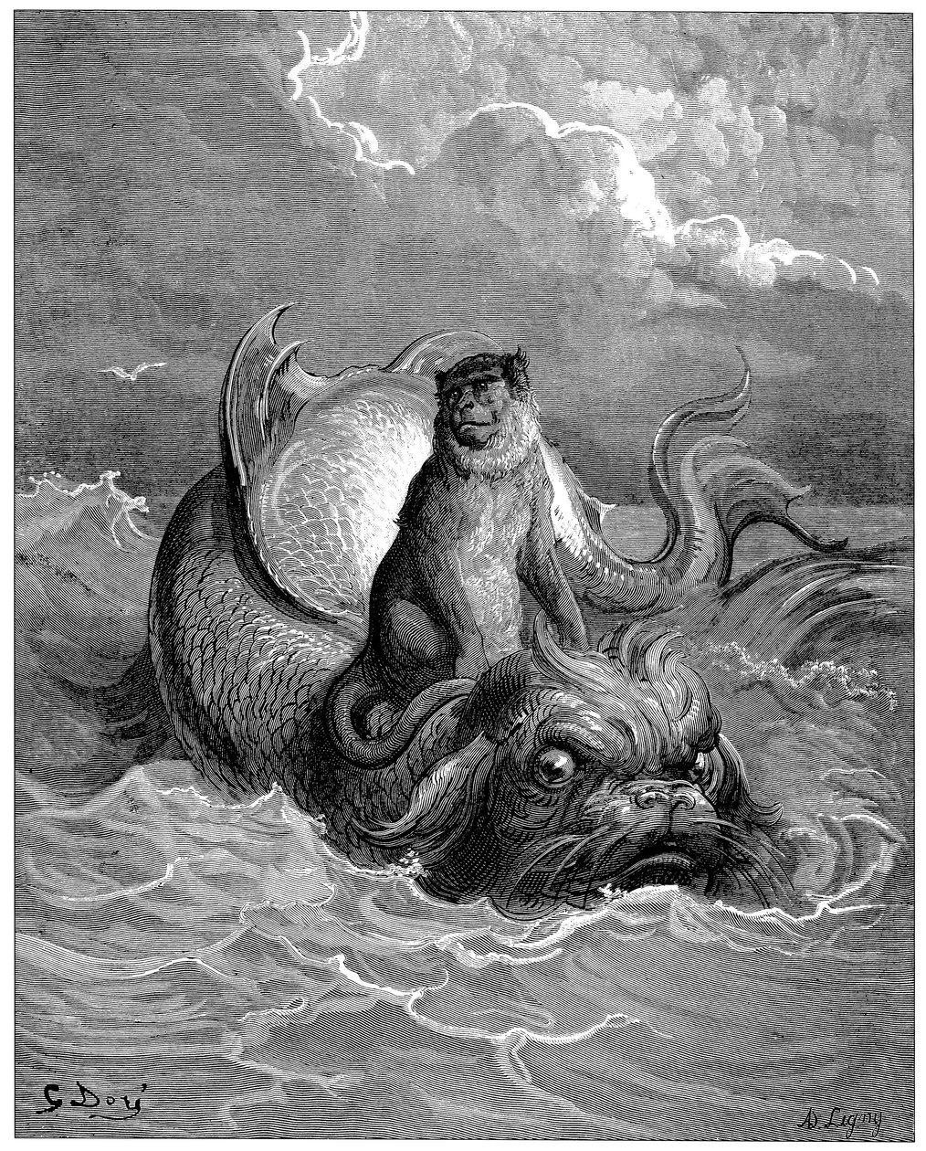 O macaco e o golfinho: fábula, Fábulas de Jean de La Fontaine (1621-1695). Ilustração de Gustave Dore (1832-1883) - de Gustave Dore