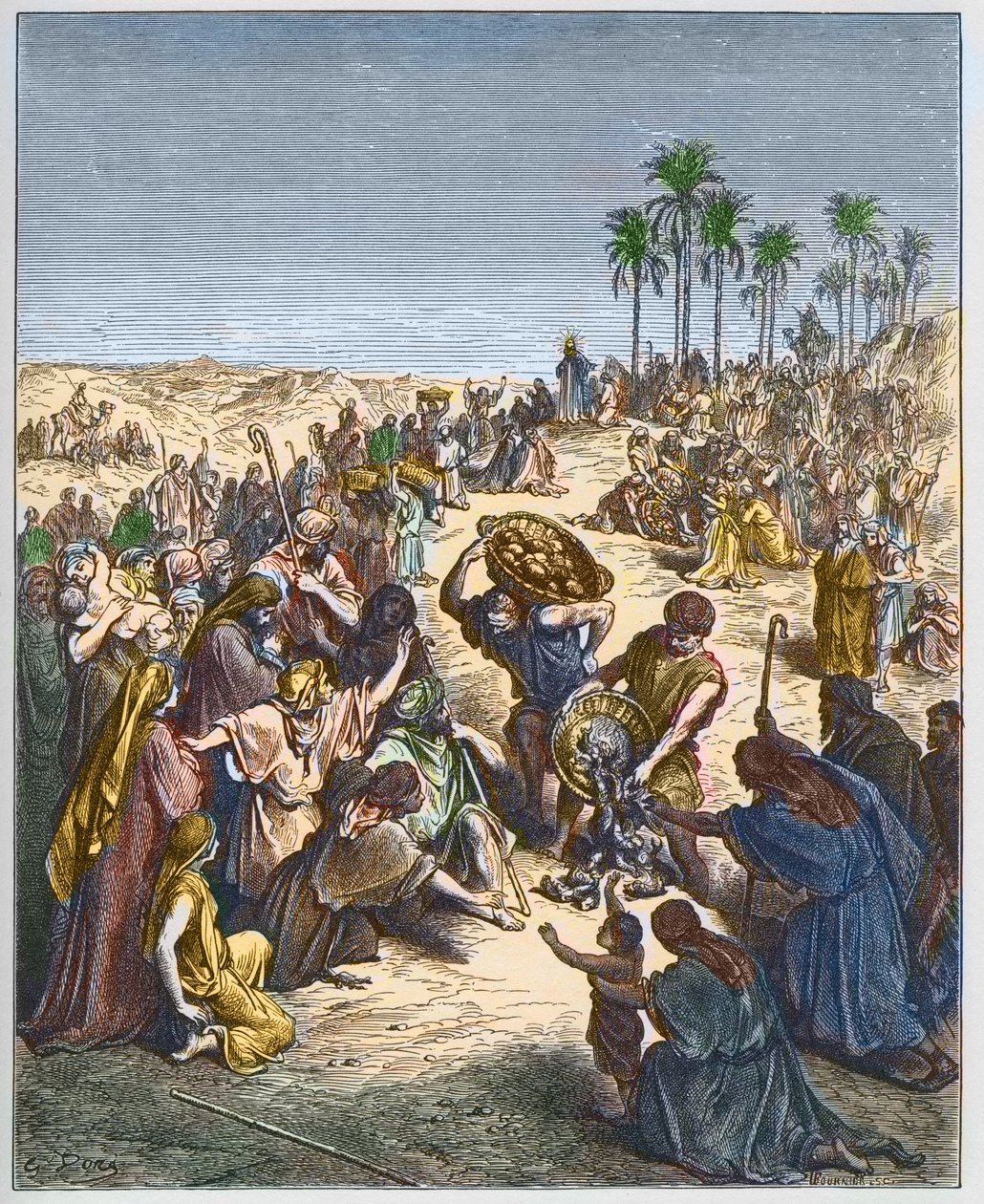 A multiplicação do pão - Cristo alimentando a multidão (Abundância do Pão Cristianismo Peixe Gravura da Multidão) - Gravura em "A ilustração da Bíblia" de Gustave Dore (1832-1883) - Gravura em "A Bíblia Dore de Gustave Dore