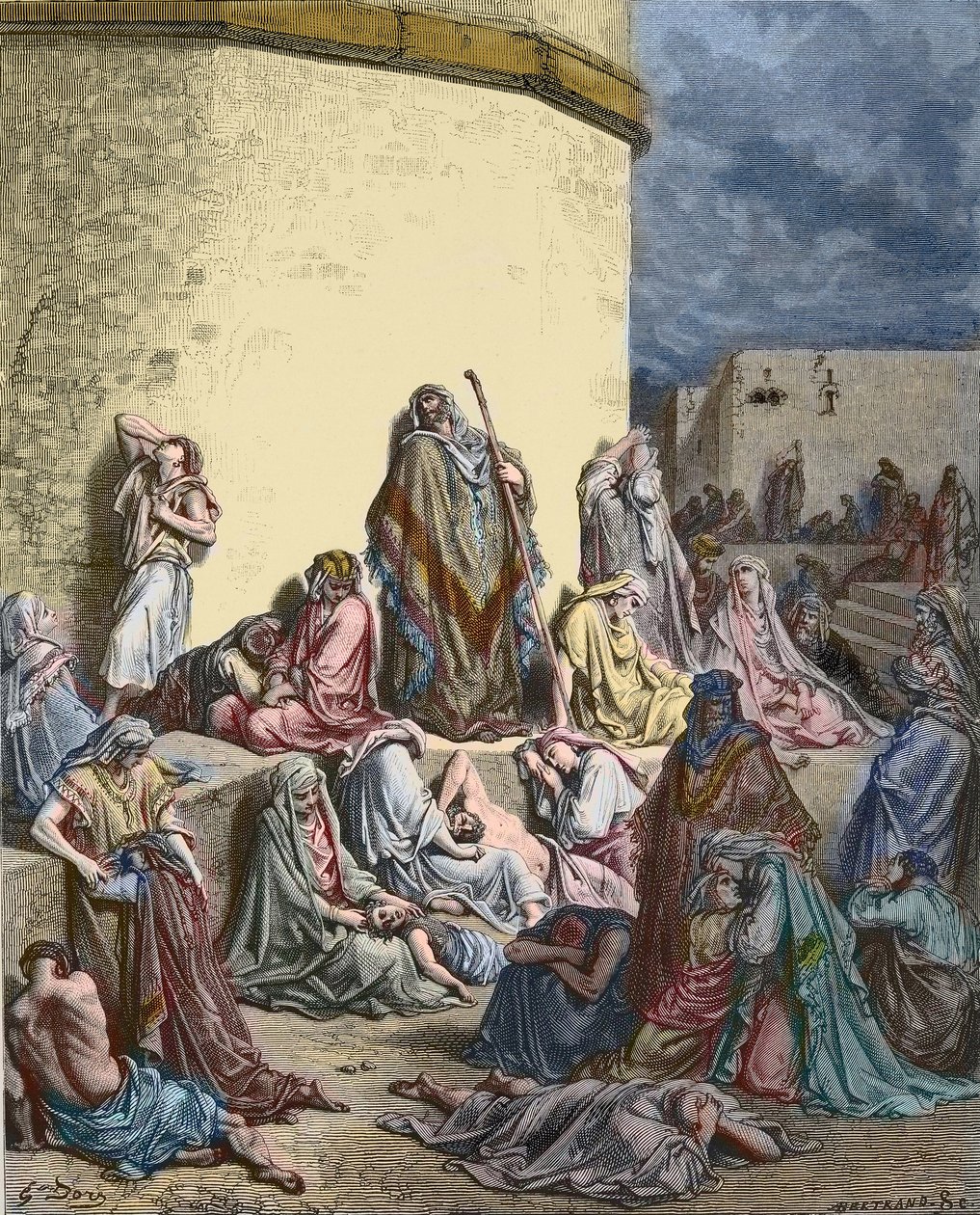 O povo de Israel lamenta Jerusalém - Antigo Testamento - Lamentações de Jeremias - O povo chora nas ruínas de Jerusalém - - Gravura de Gustave Dore - coloração posterior de Gustave Dore