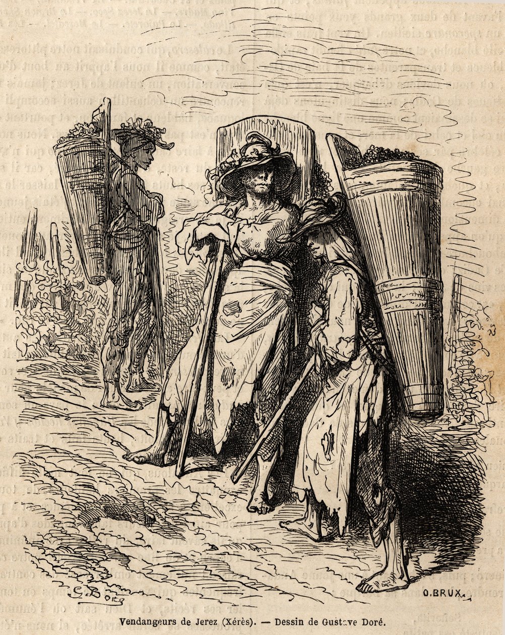 Os catadores de Xeres. Desenho de Gustave Dore (1832-1883), para ilustrar a sua viagem à Espanha em 1862, com Ch. Davillier. Gravura em "Le tour du monde", editado por Edouard Charton de Gustave Dore