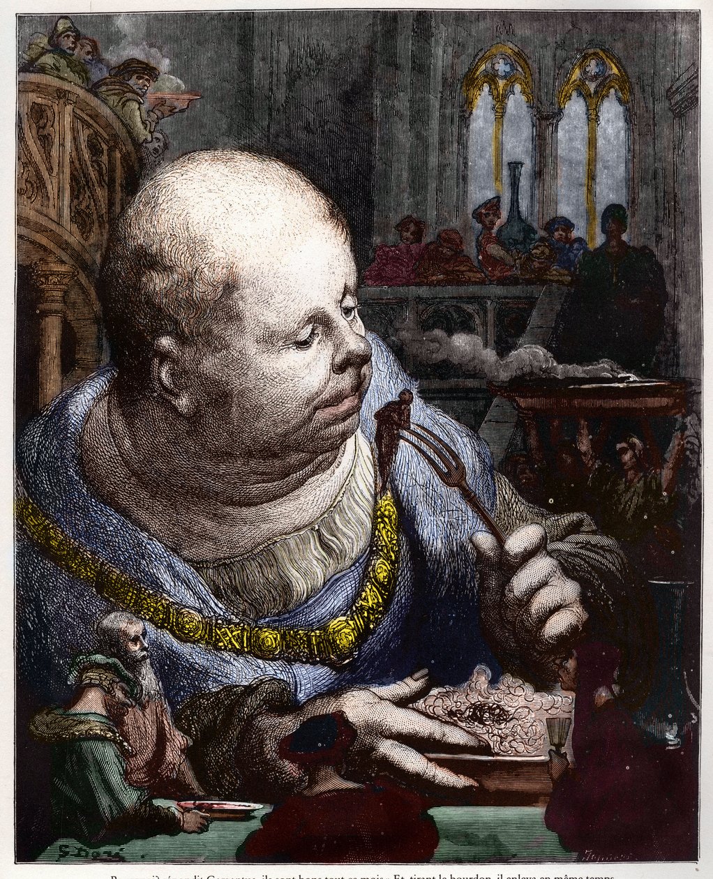 Os peregrinos são comidos em saladas - ilustração de "Gargantua e Pantagruel", de François Rabelais - gravura de Gustave Dore de Gustave Dore