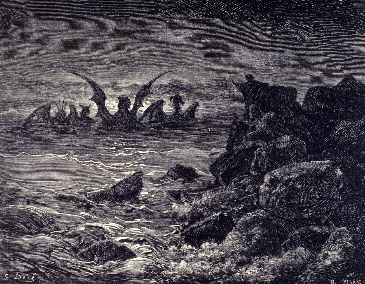 O profeta Daniel vê monstros a aparecer: Haniel, Kafziel, Azriel, Aniel. Gravura da Bíblia ilustrada por Gustave Dore. Século XIX de Gustave Dore