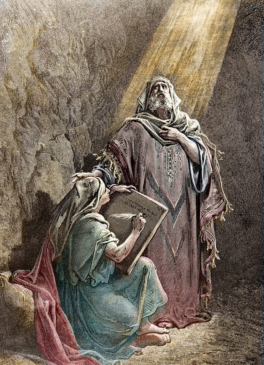 O profeta Jeremie ditando suas profecias a Baruc - Gravura colorida de Pannemacker, da Bíblia de Gustave Dore (1832-1883) - Jeremias (650-585 AC), profeta hebreu. Jeremias ditando suas profecias a Baruque. Gravura de Pannemaker, O Biblico de Gustave Dore