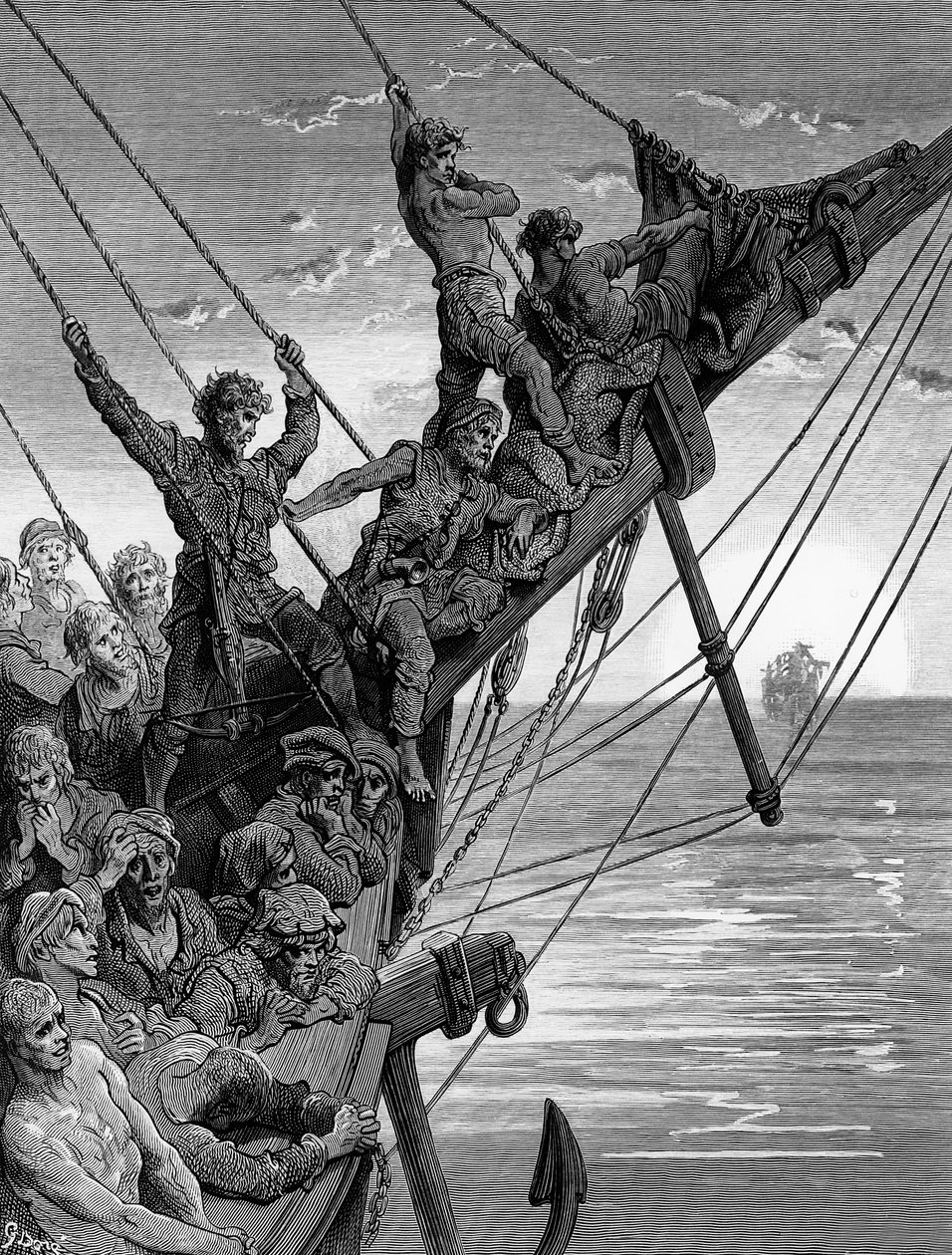 Os marinheiros vêem à distância um navio fantasmagórico, cena de "O tempo do velho marinheiro" de ST Coleridge, publicado por Harper und Brothers, Nova York, 1876 (gravura em madeira) de Gustave Dore