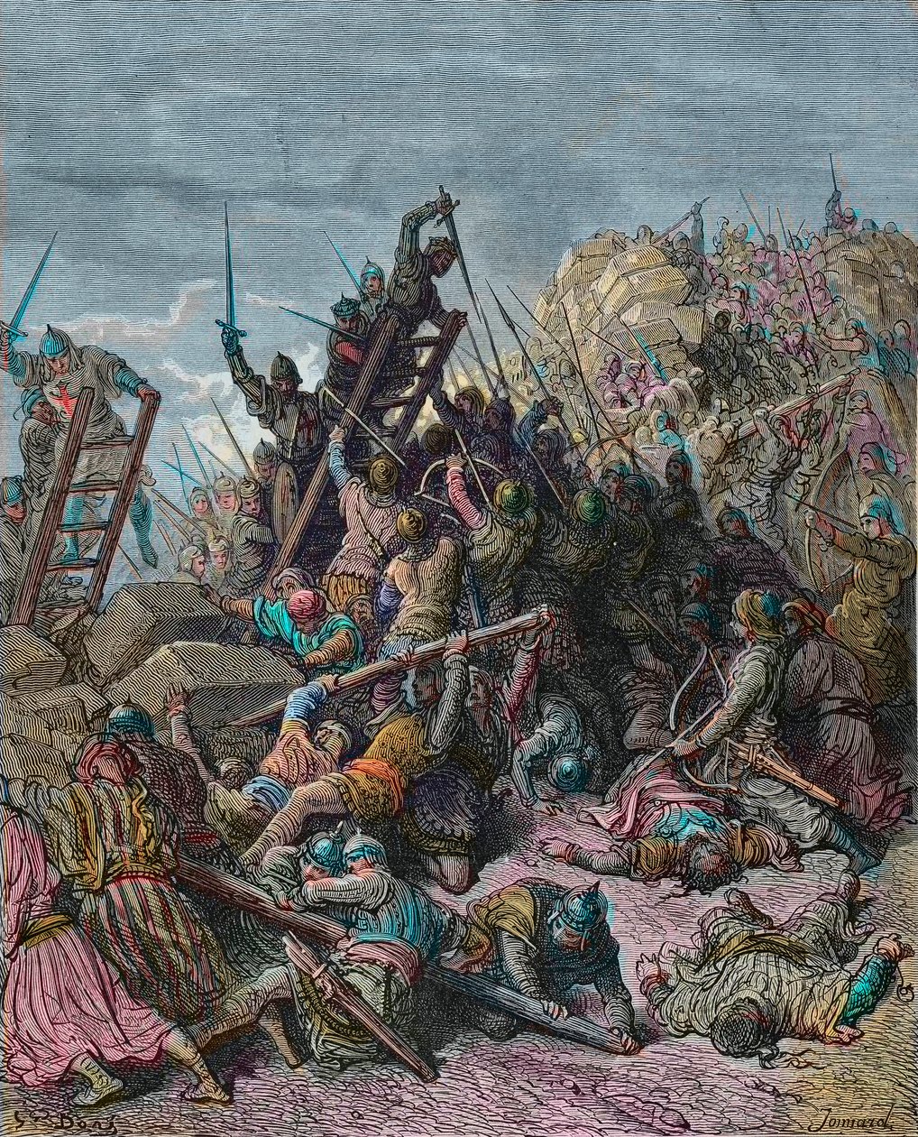 O cerco de Ptolemais durante a terceira cruzada 1189 - Gravura de Gustave Dore da História das Cruzadas por Joseph-Francois Michaud - Le siege de Saint Jean d