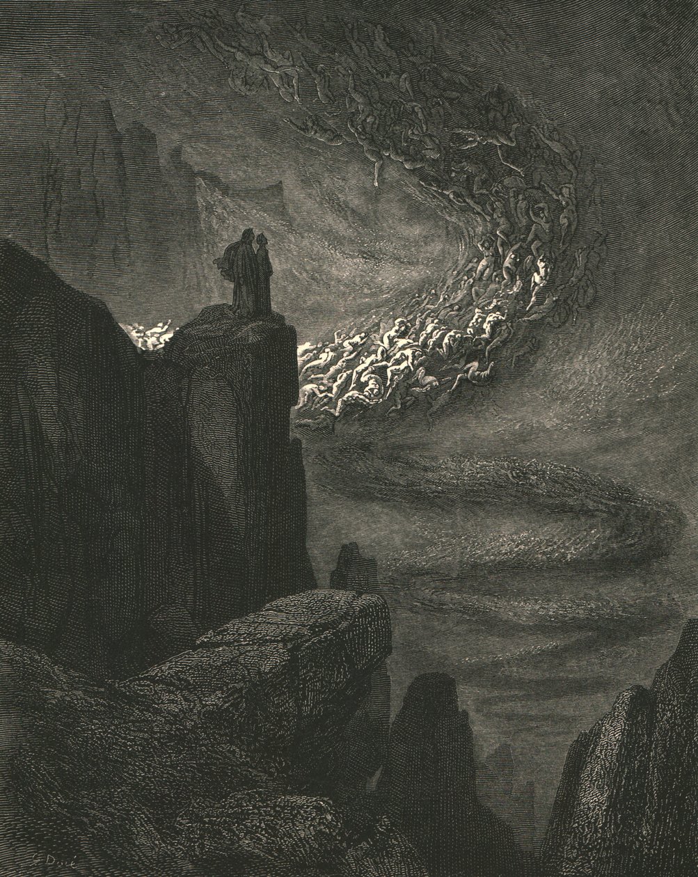 A tempestade tempestuosa do inferno com fúria inquieta leva os espíritos, c1890. de Gustave Dore