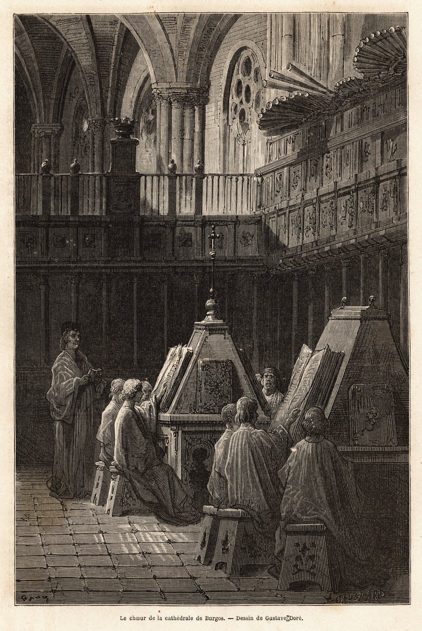 O estudo dos salmos pelo coro da Catedral de Santa Maria de Burgos (século XV), cujo serviço divino tem a particularidade de ali ser cantado por cinco coros diferentes desde o século XVII. Desenho de Gustave Dore (1832-1883). Gravura para a doença de Gustave Dore