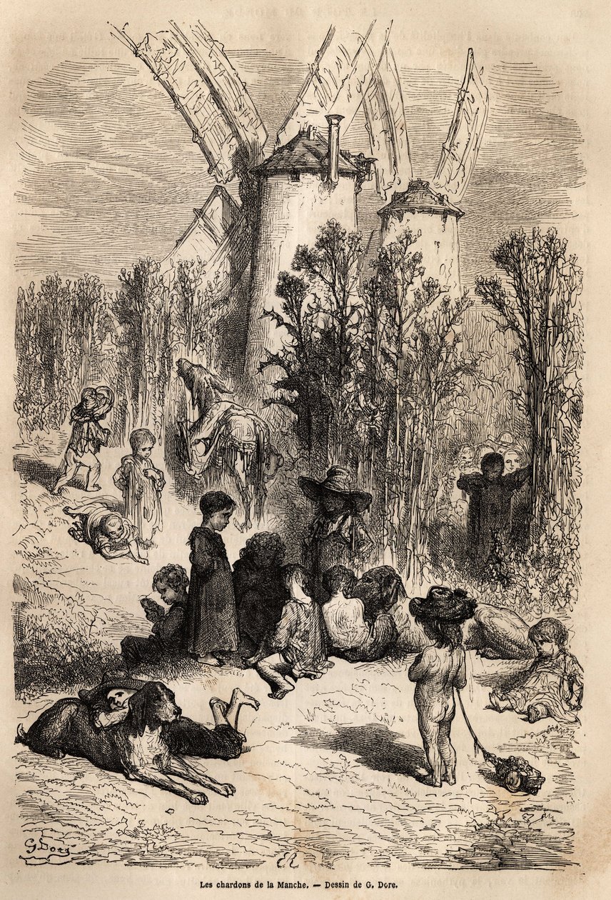 Os cardos do Canal, aos pés dos moinhos caros a Dom Quixote, com a representação de um fermento, uma raça de cães muito frequente na região (a figura do corredor galgo sempre a morrer de fome em Dom Quixote) e uma multidão de mendigos filhos, verdadeiros s de Gustave Dore