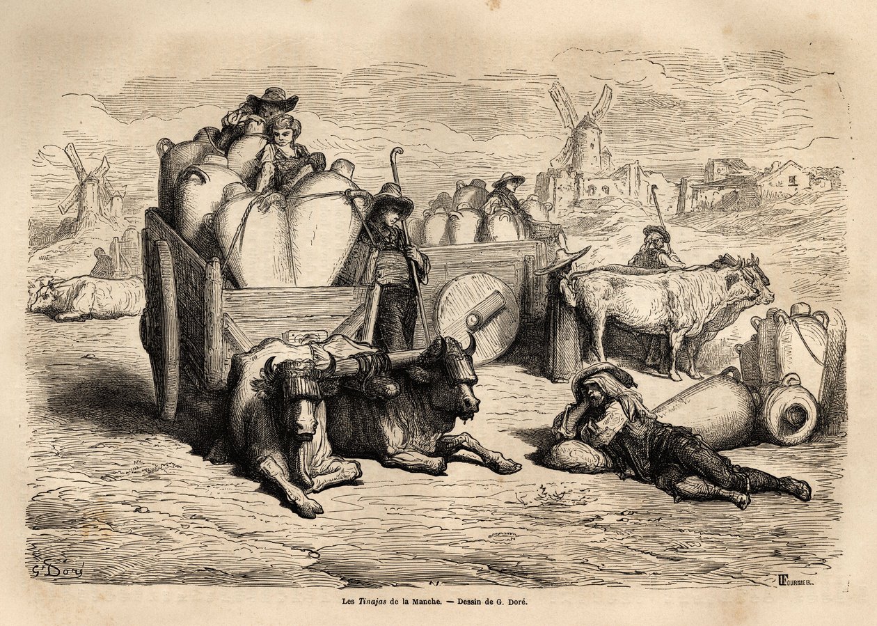As tinajas do Canal, o uso destes enormes vasos de barro substitui o uso de barris e o seu uso é muito antigo. Gravura para ilustrar a viagem à Espanha do ilustrador Gustave Dore (1832-1883) e do Barão Ch. Davillier, em 1862, publicada em de Gustave Dore