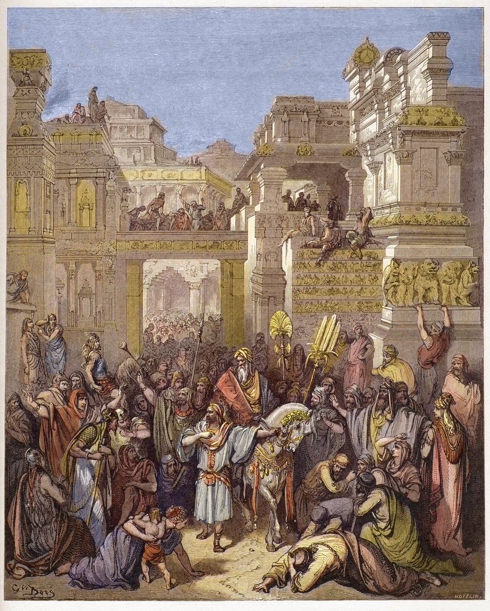 O triunfo de Mardochee (ou Mordekhai ou Mordecai) - Triunfo de Mordecai - - Gravura em "A ilustração bíblica" de Gustave Dore (1832-1883) - Gravura em "A Bíblia Dore de Gustave Dore