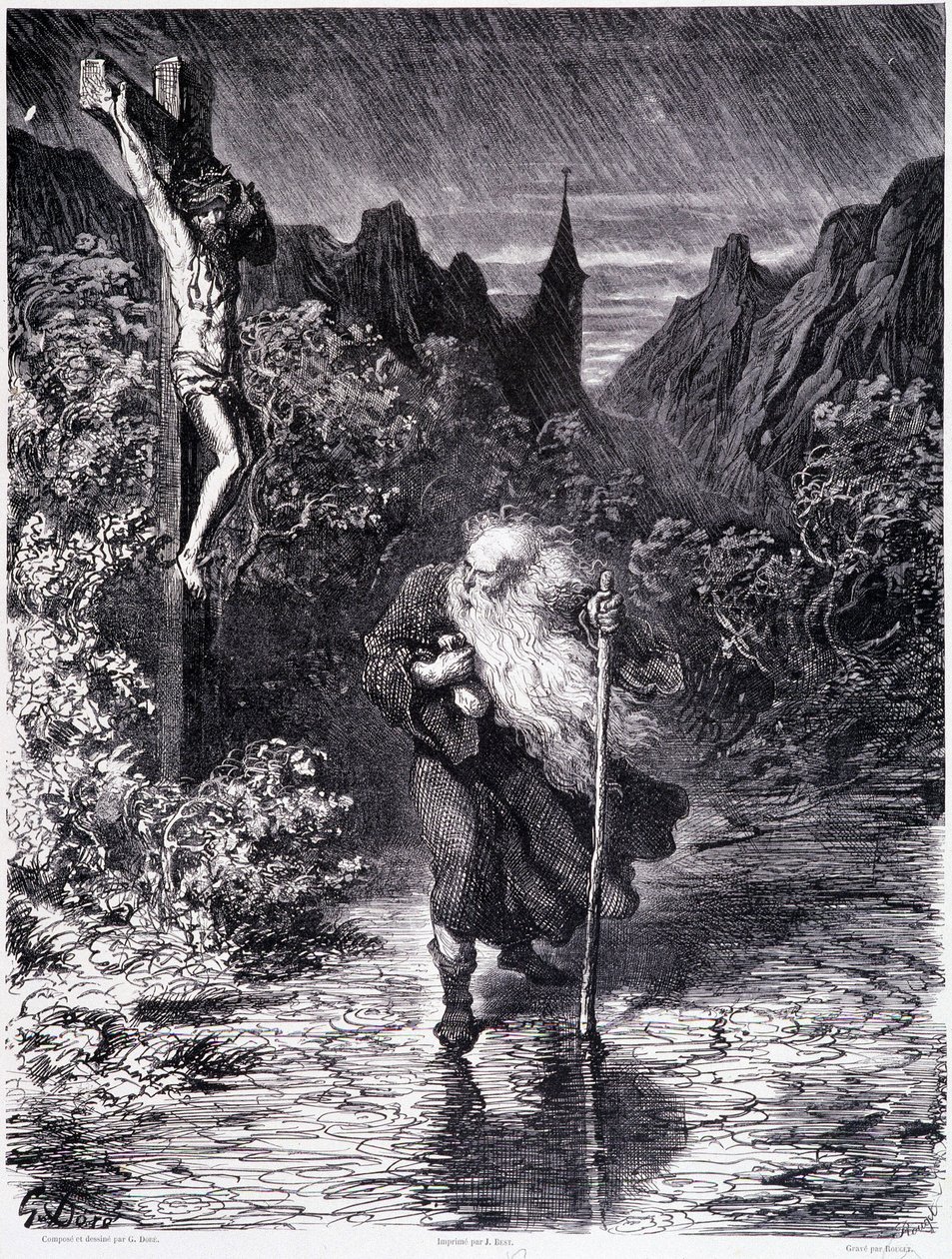 O judeu errante que passa perto de um Calvário - em "A lenda do judeu errante" de Gustave Doré, Livraria da Loja Pitoresca de Gustave Dore