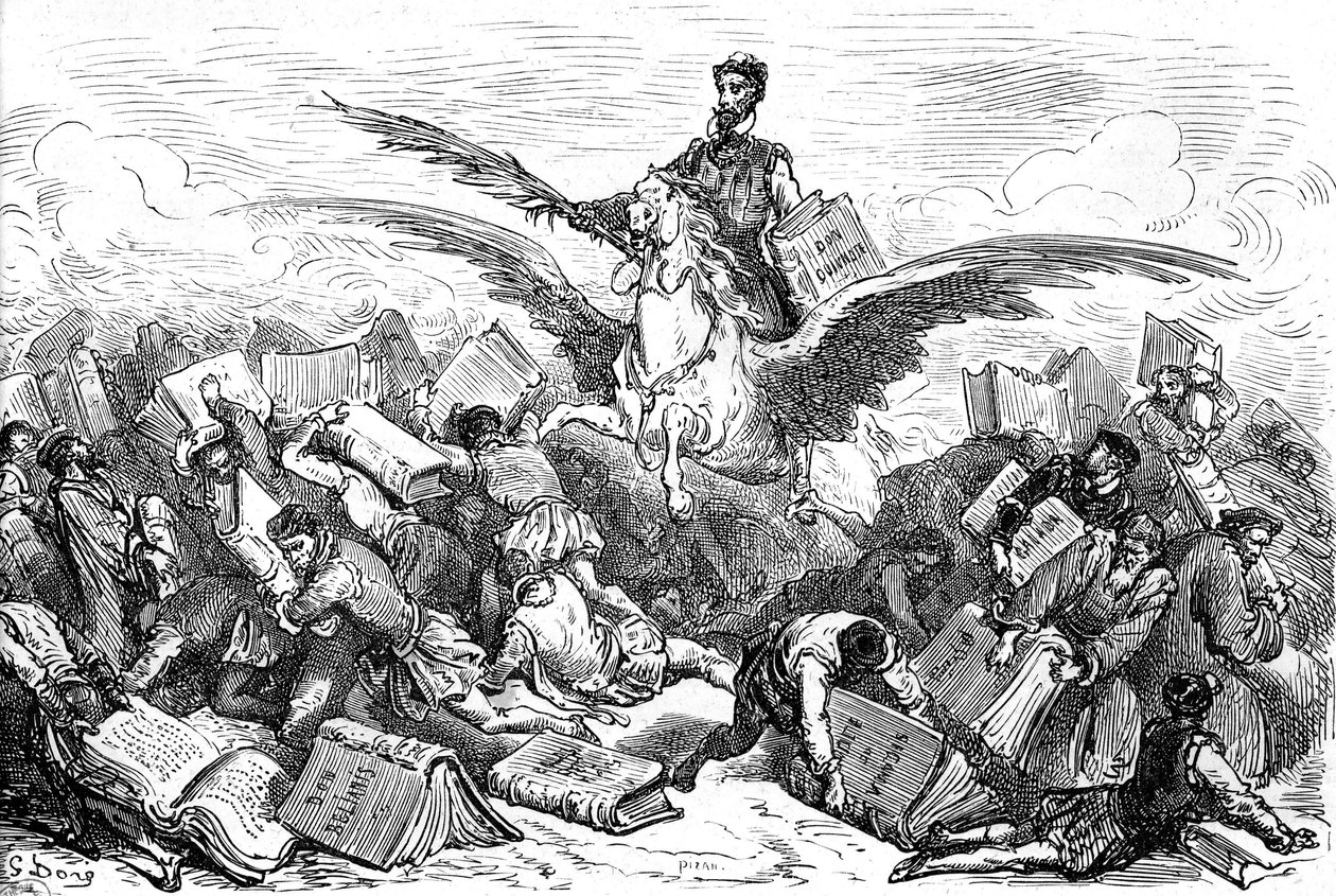 O escritor Cervantes monta num cavalo alado (Pegase), com o seu livro "Dom Quixote" e uma pena na mão, sobrevoando outros escritores que transportam (pesadamente!) os seus livros. Gravura de Gustave Dore ilustrando a edição Hachette de 1869 do livro "L