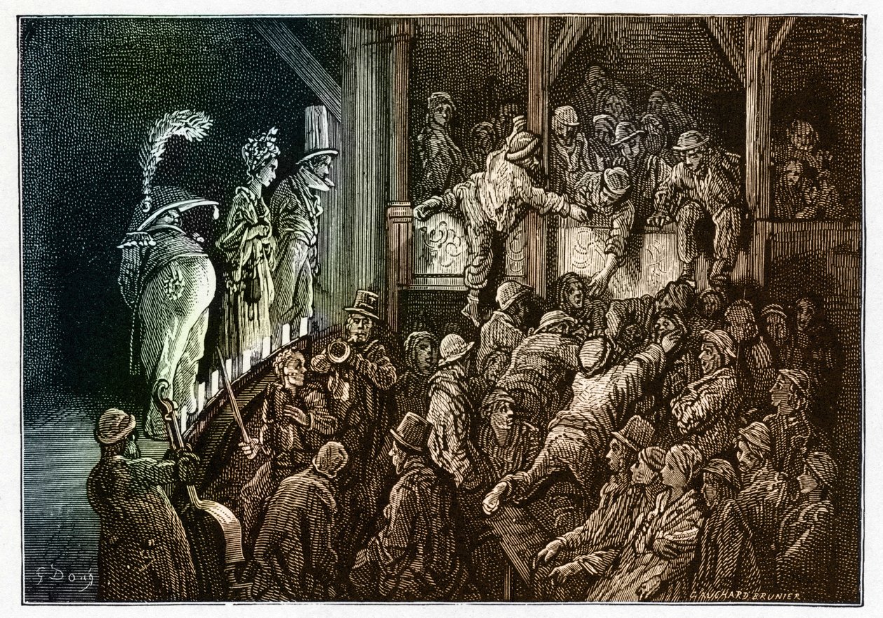 Teatro: o público durante uma representação teatral. Gravura colorida de "" Londres, uma Peregrinação "" ilustrada por Gustave Dore (1832-1883) de Gustave Dore
