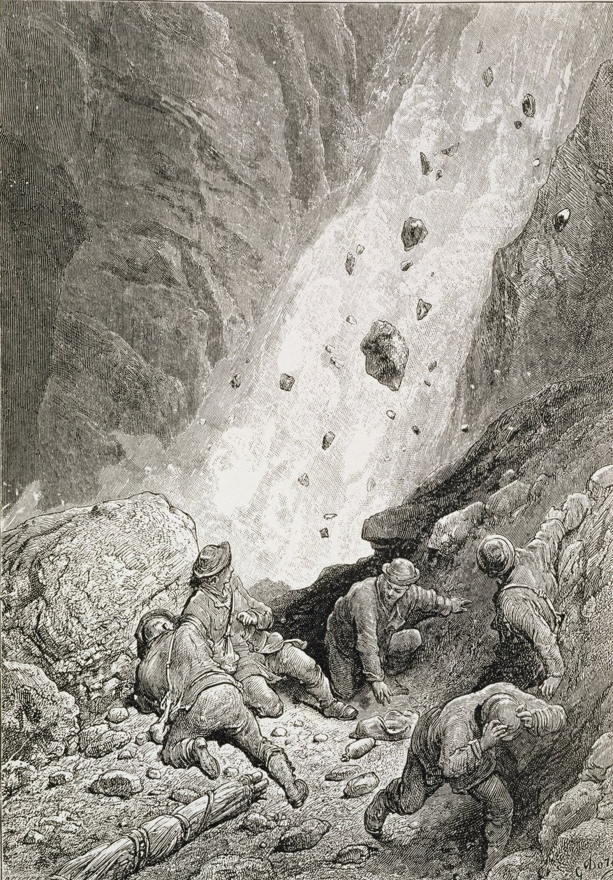 "Eles viram missas de pedras, pedregulhos e pedras, dardo na esquina", de "A ascensão do Matterhorn", de Edward Whymper (1840-1911), publicado em 1860-80 de Gustave Dore